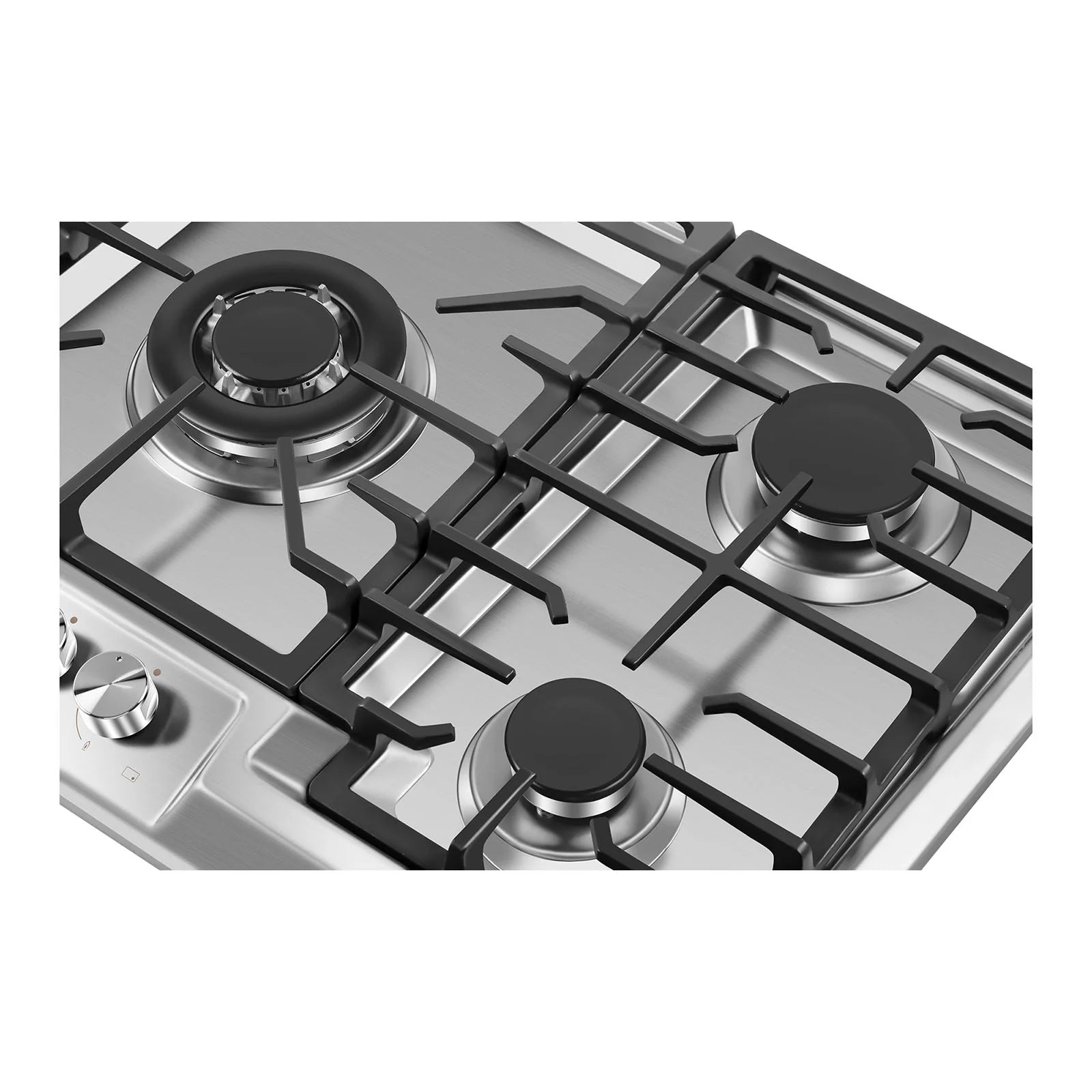 Stainless steel natural gas cooktop close-up with three burners and black grate lines