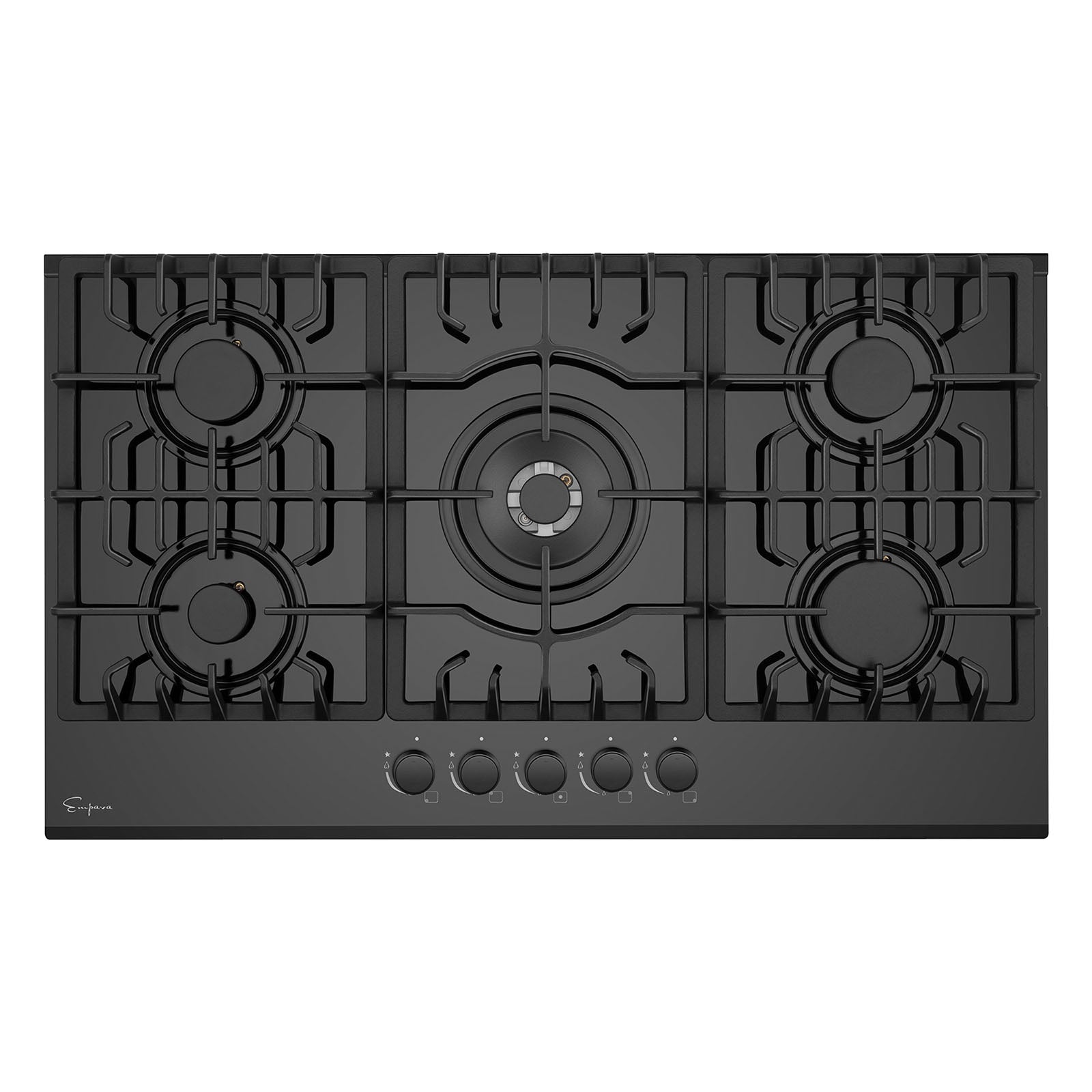 Black built-in natural gas cooktop with five burners and front control knobs