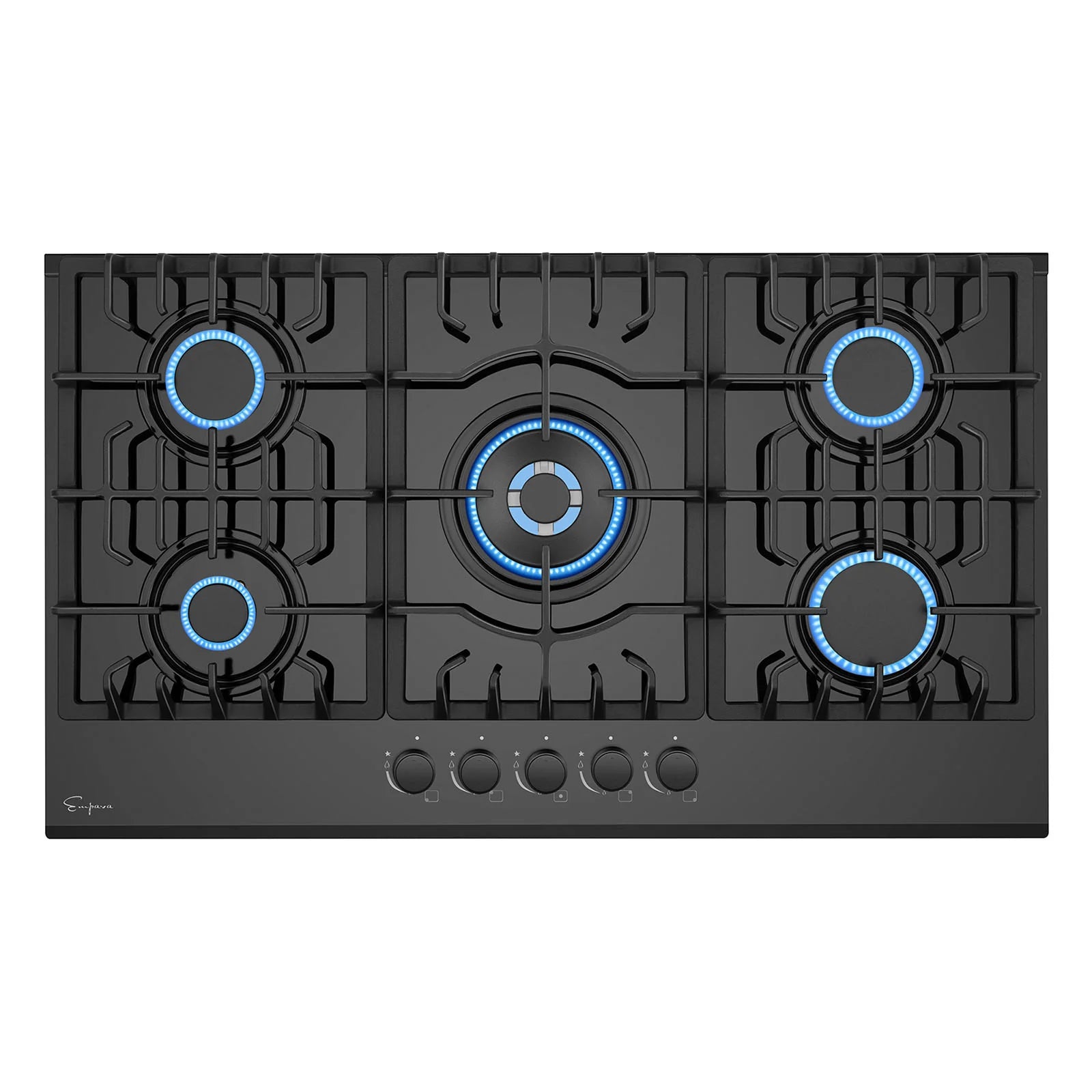 Black built-in natural gas cooktop with five burners lit and front control knobs
