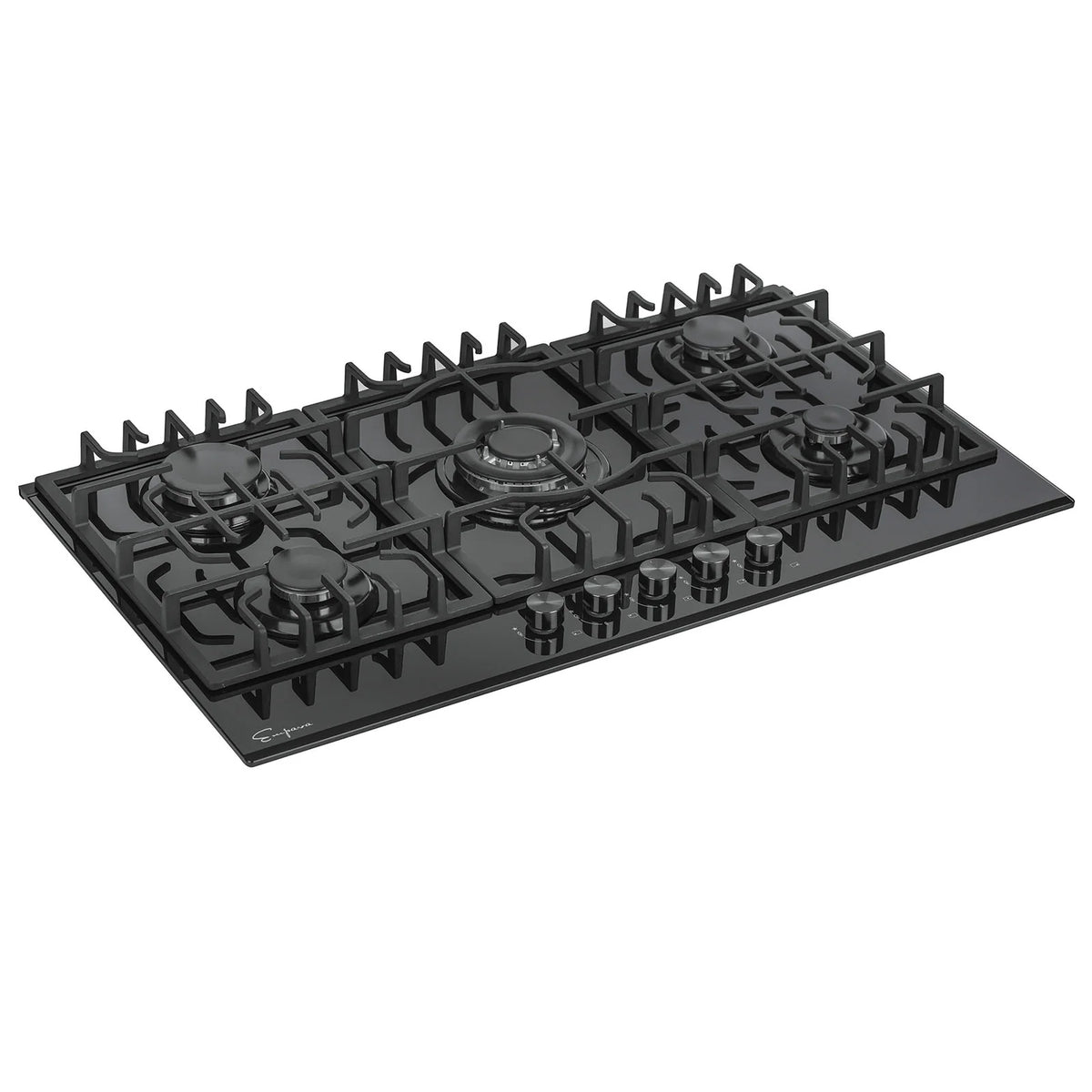 Black built-in natural gas cooktop with five cast-iron grate positions