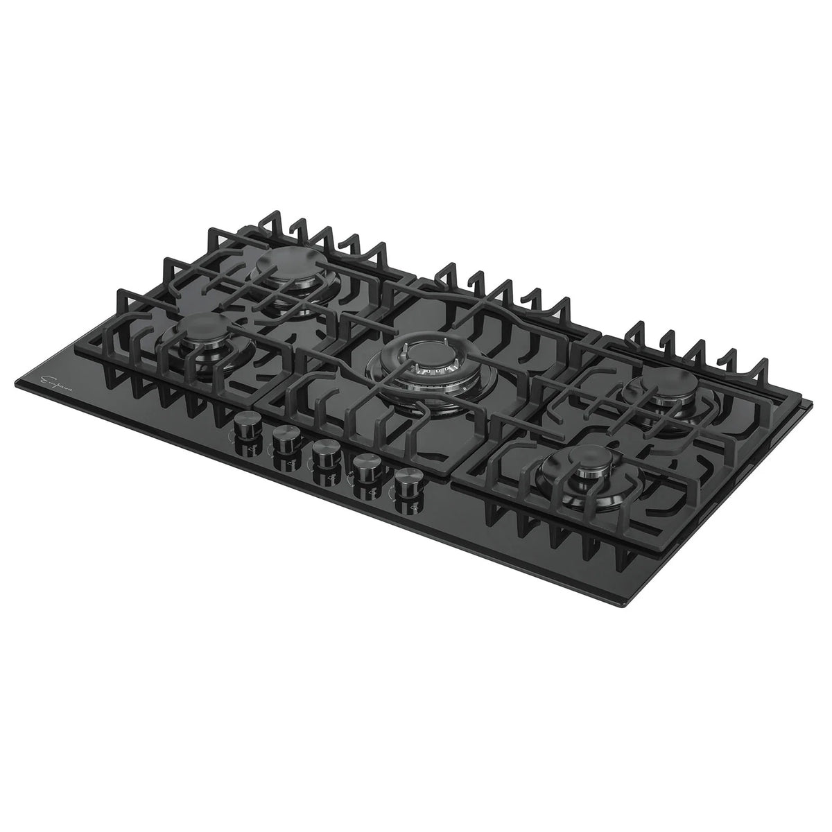 Black built-in natural gas cooktop with five burners and cast-iron grates