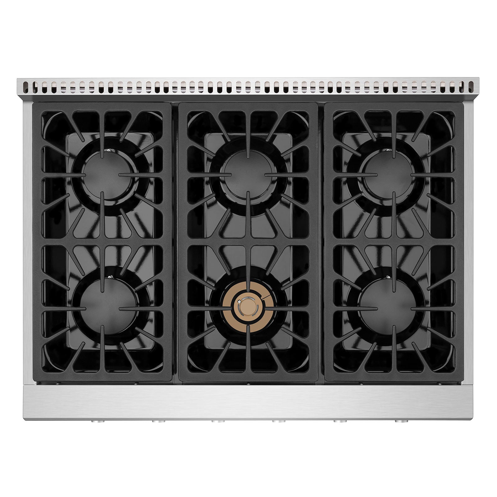 Stainless steel slide-in natural gas cooktop with five burners and black grates