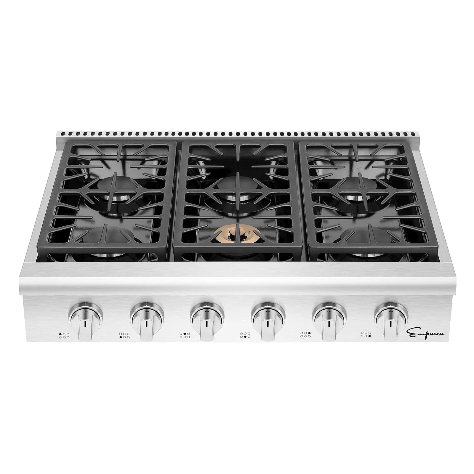 Stainless steel natural gas cooktop with five black cast-iron grates and front knobs