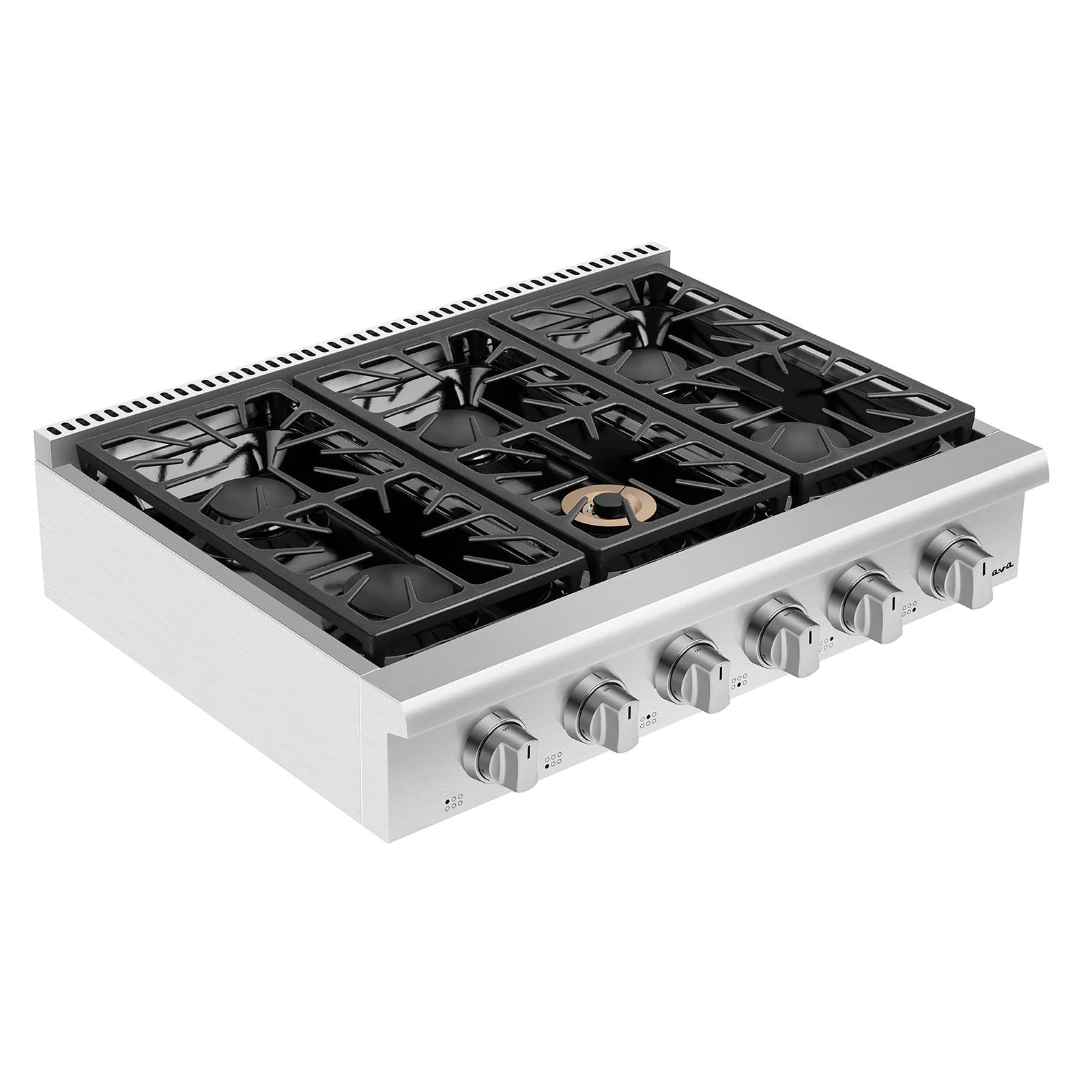 Natural gas cooktop with five black grates and centered burner, angled view