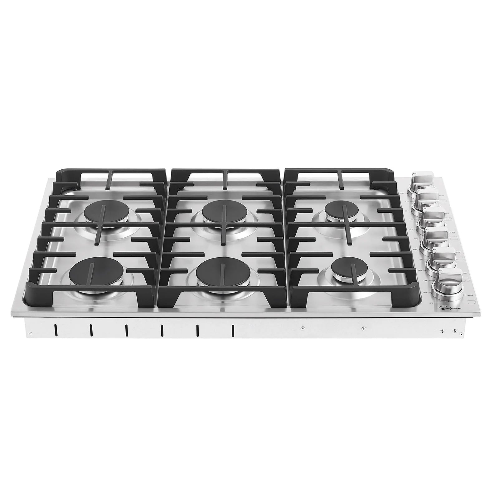 Stainless steel built-in gas cooktop showing six burner grates and right-side control knobs