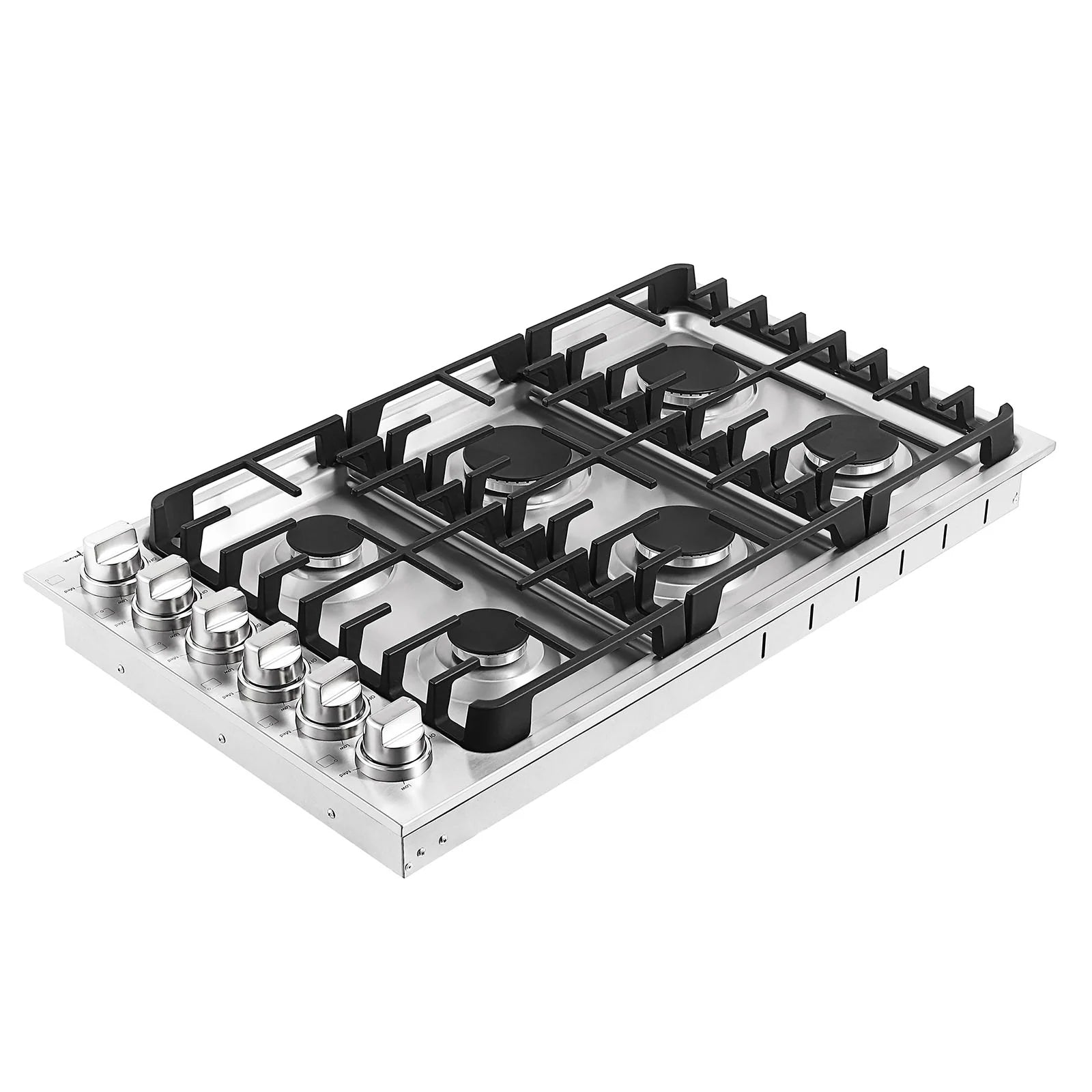 Stainless steel gas cooktop with black cast-iron grates and burner rings plus control knobs