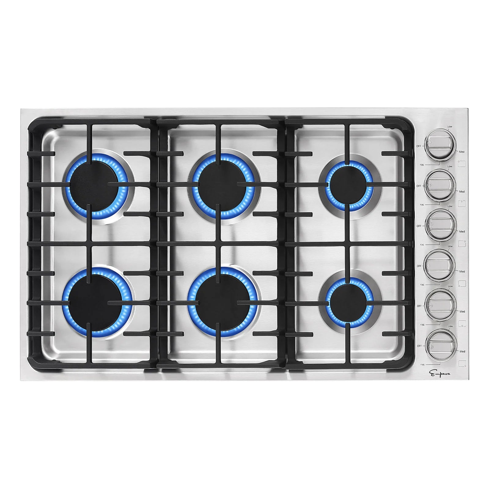 Stainless steel gas cooktop with six burners lit by blue flame rings and metal grates