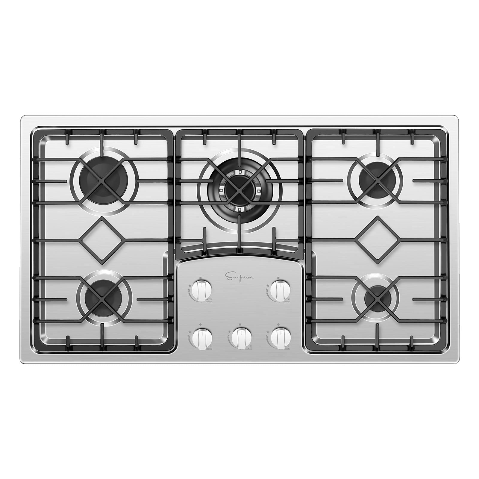Stainless steel built-in natural gas cooktop with four burners and control knobs