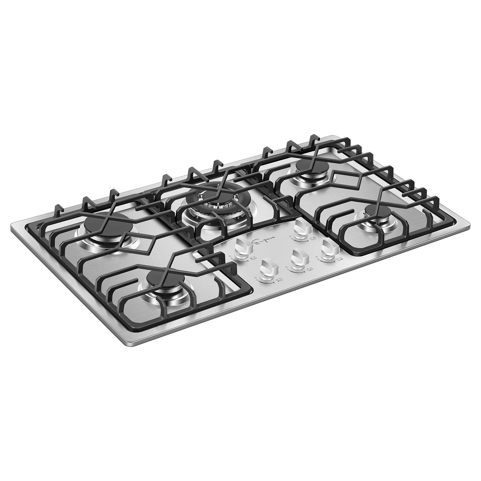Stainless steel built-in natural gas cooktop with five burners and black grates