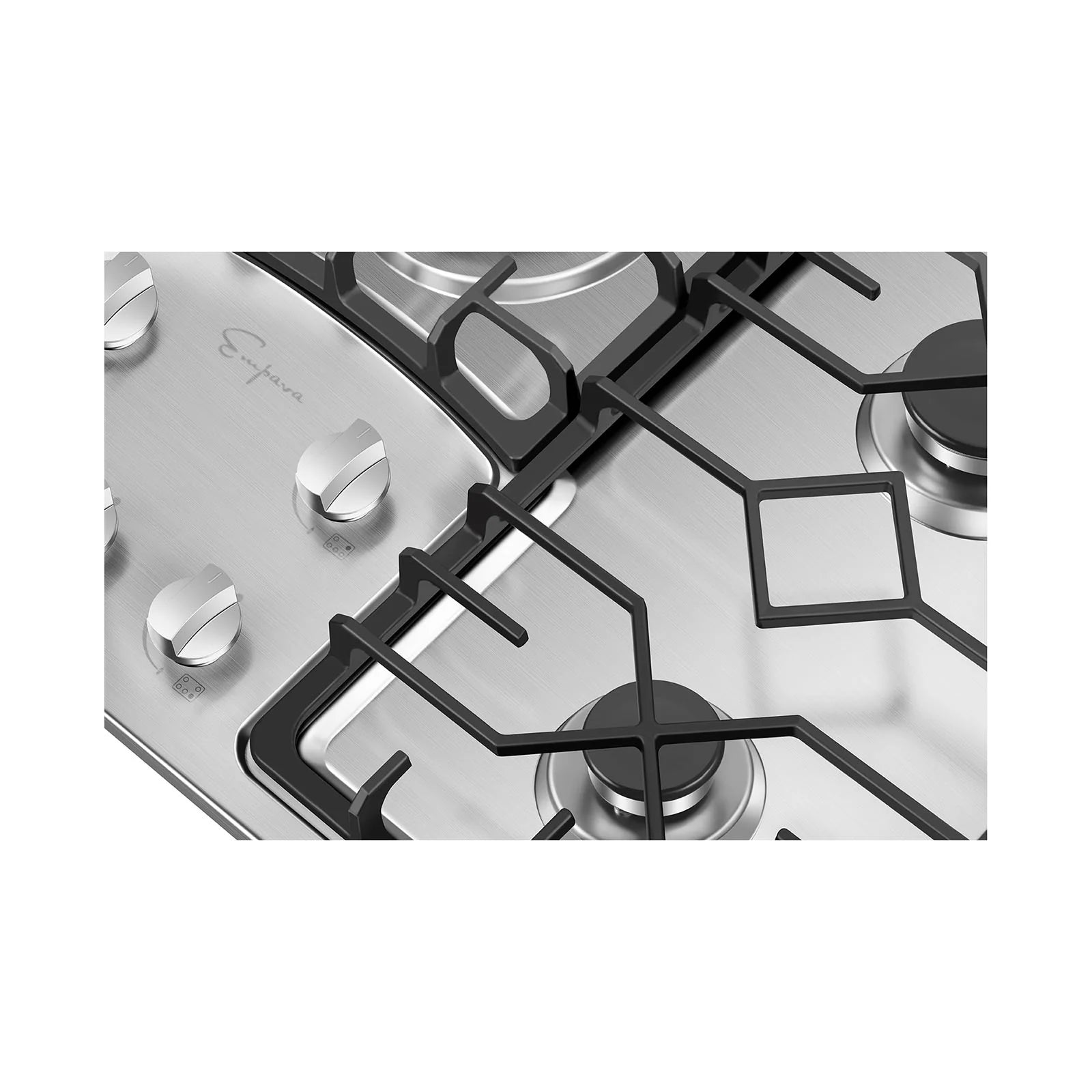 Stainless steel natural gas cooktop with black grates and silver control knobs