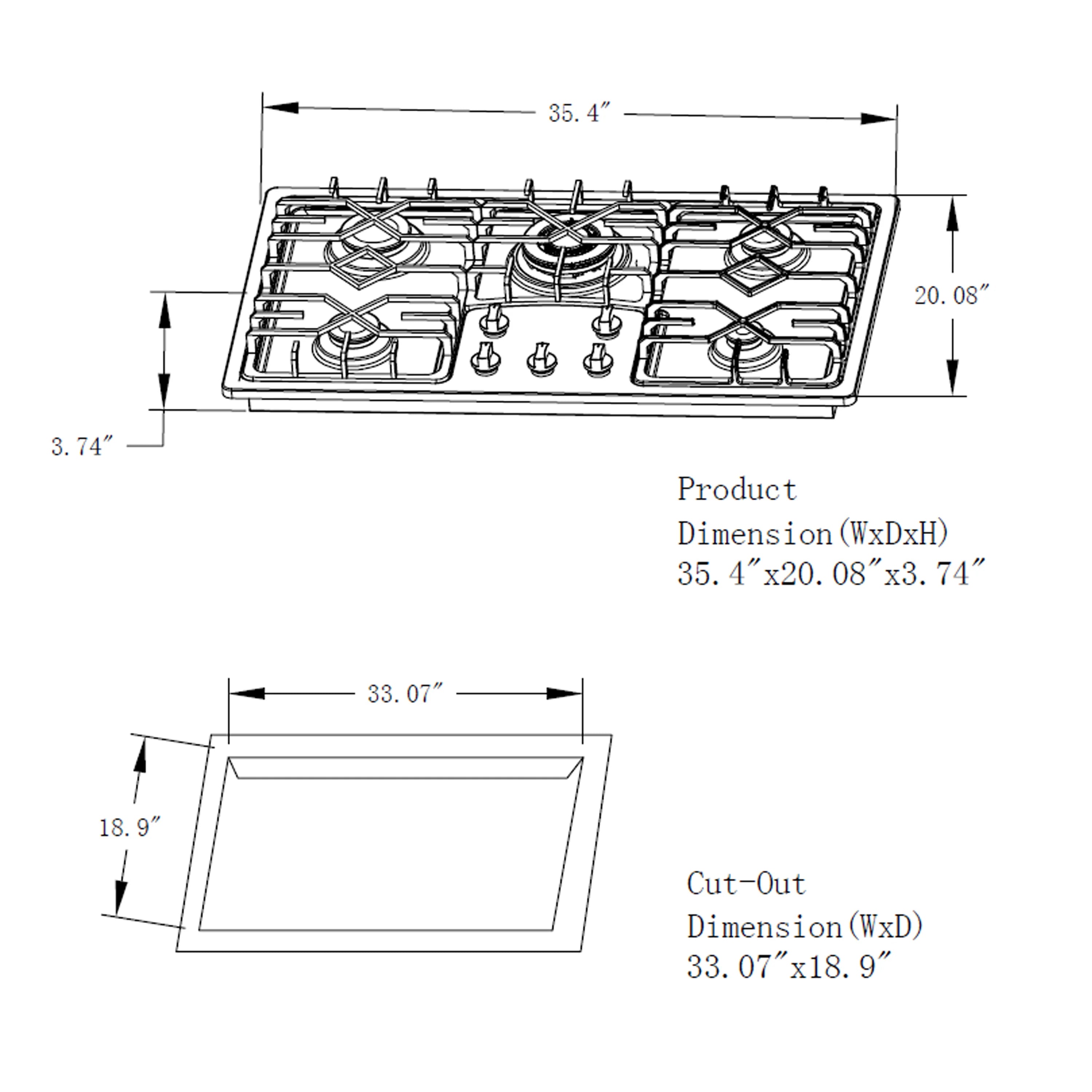 Built-in natural gas cooktop cut-out and product dimension diagram