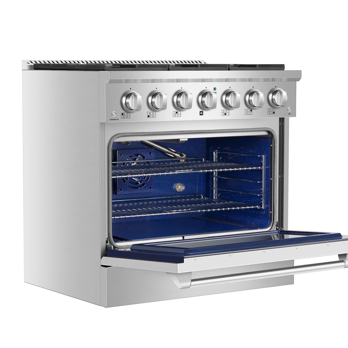 Single gas oven range with oven door open and blue-lit interior