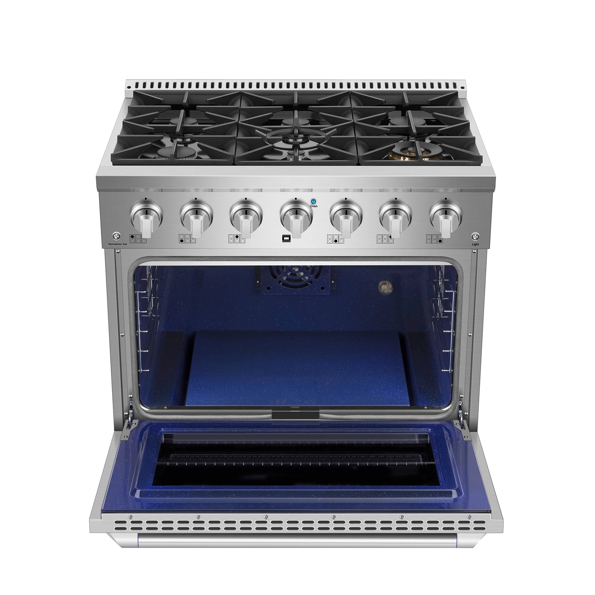 Open oven and cooktop: stainless gas range with burners and blue interior