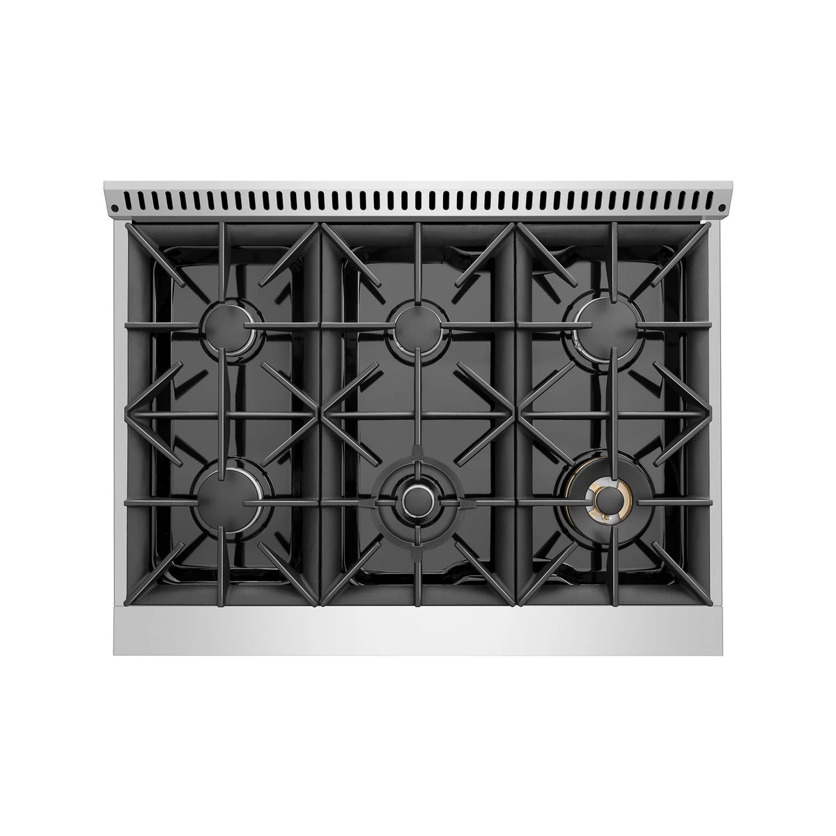 Gas cooktop with black grates and six burner caps beneath the vented backguard