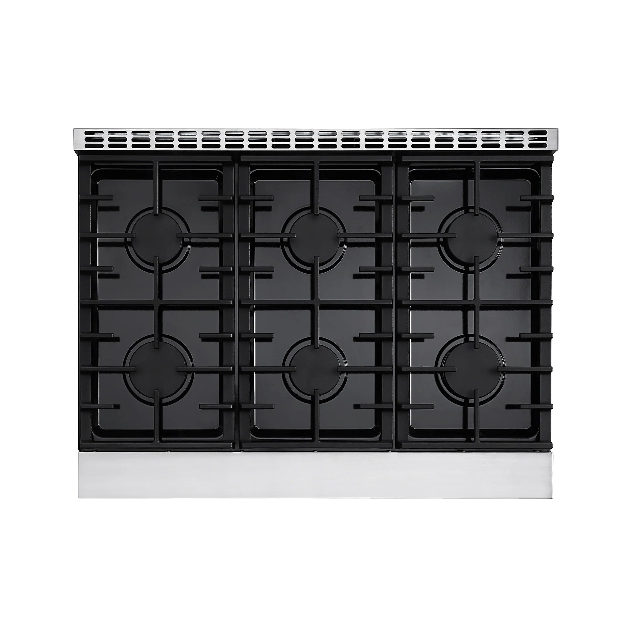 Black gas cooktop grates with multiple burner positions on a stainless steel range