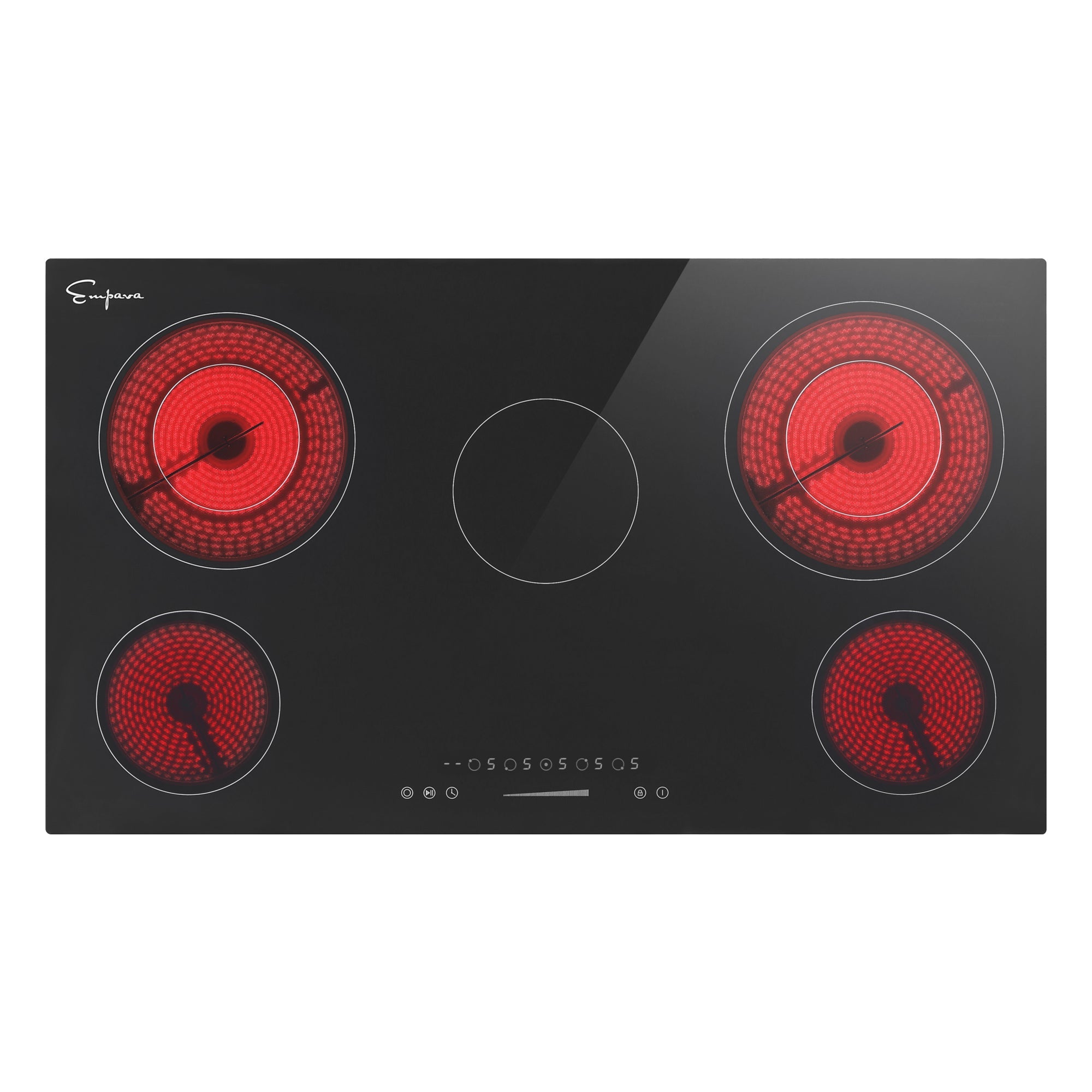 Black radiant electric cooktop with four red heating elements