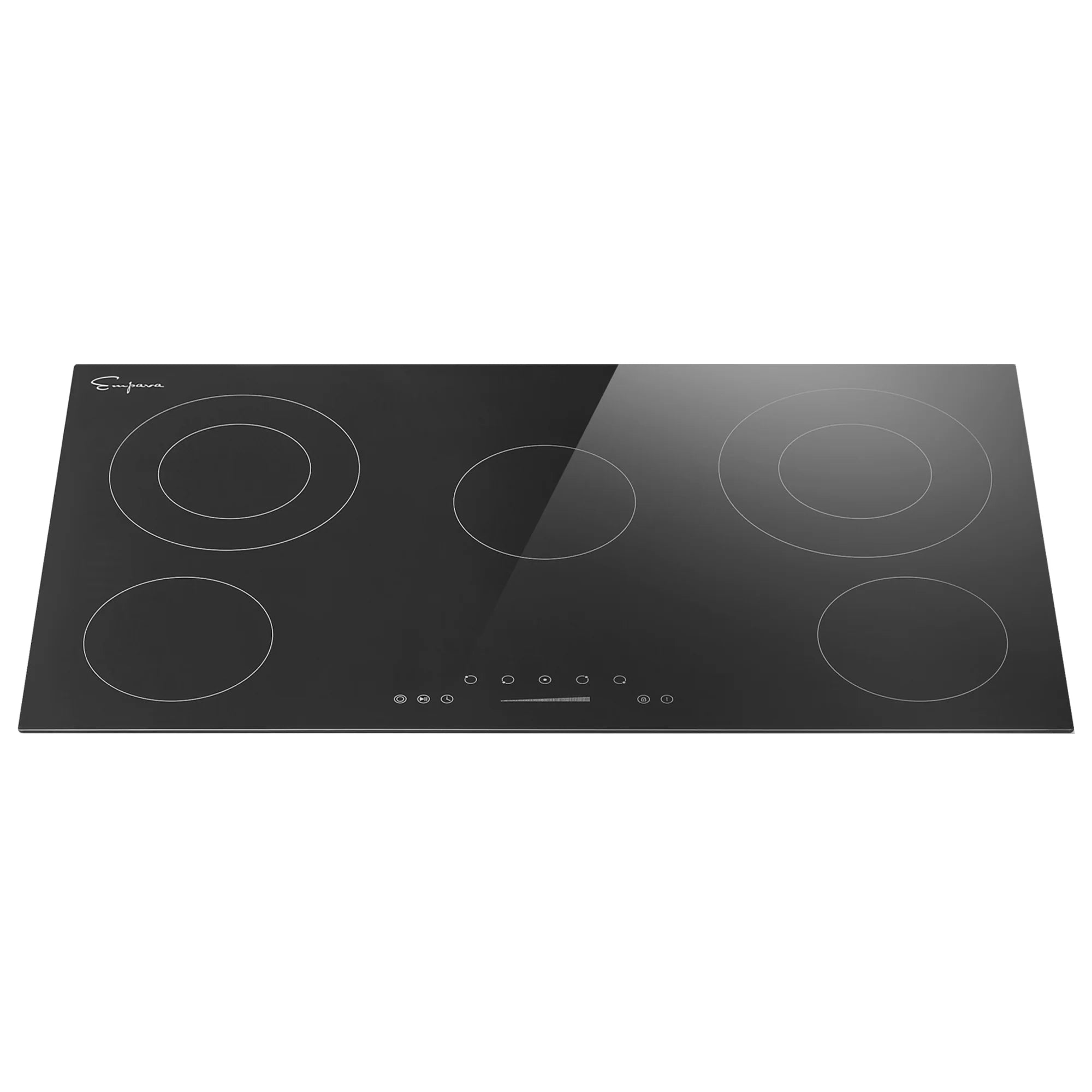 Black radiant electric cooktop with five burner zone outlines and controls