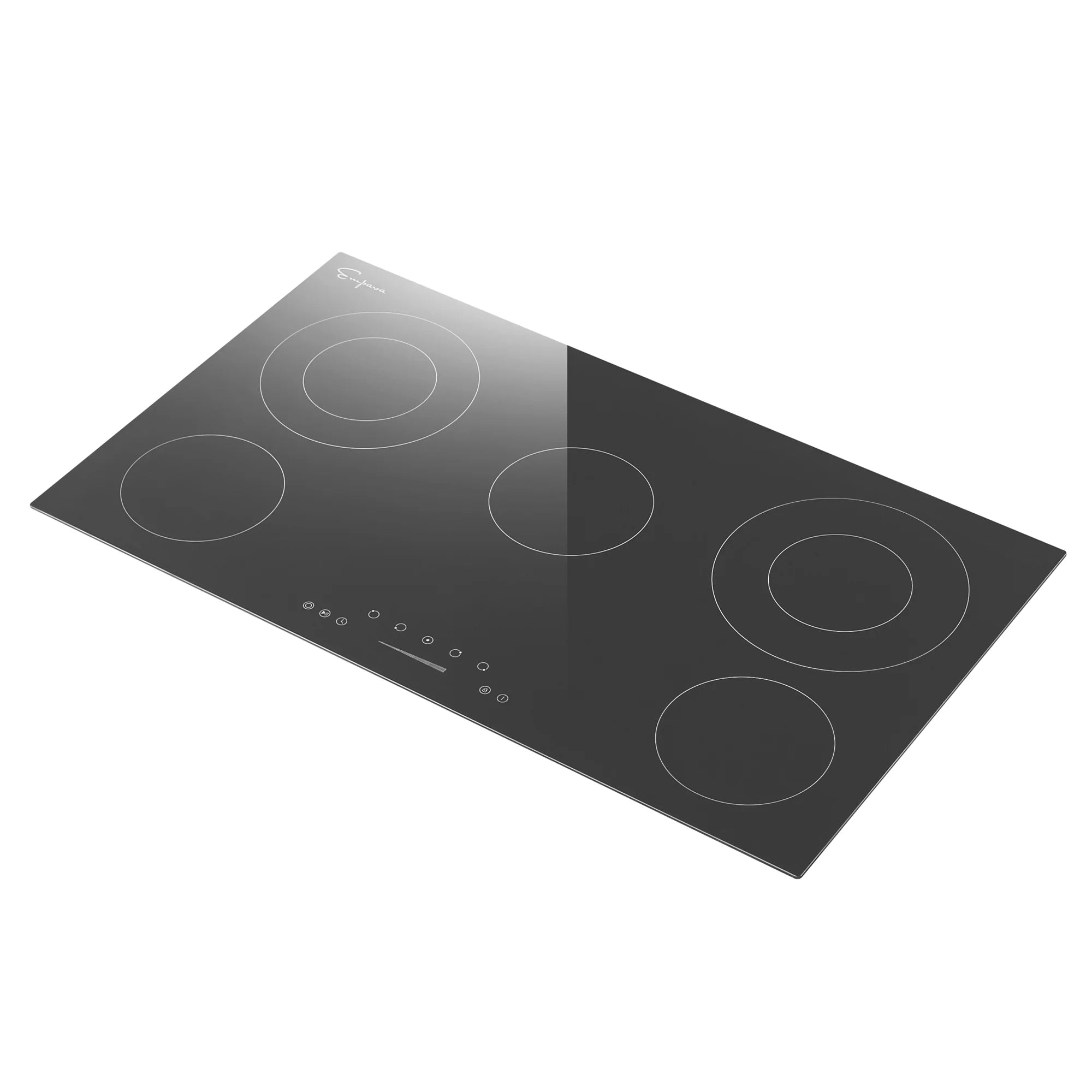 Black radiant electric cooktop with four circular zones and touch controls