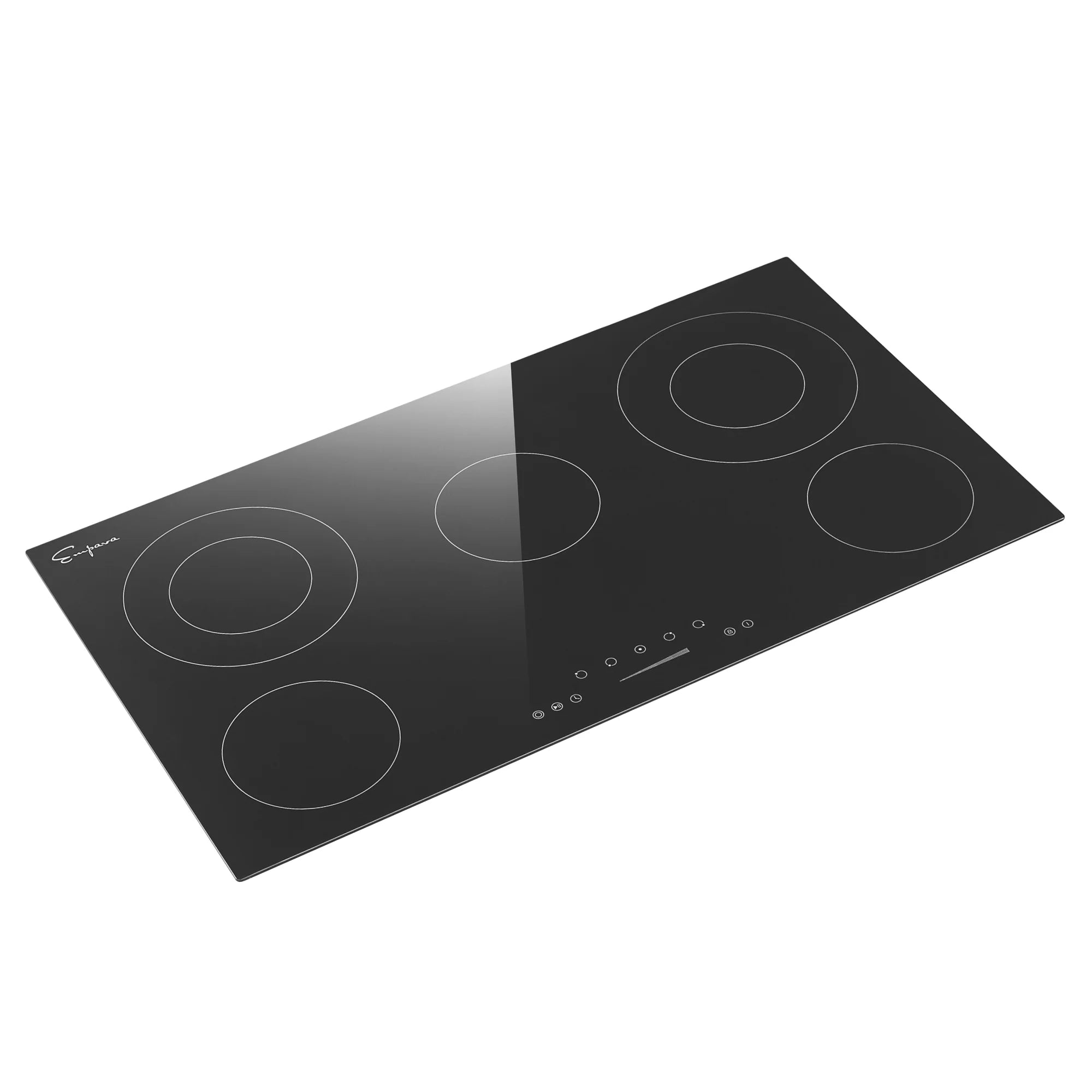Black radiant electric cooktop angled view with four circular heating zones
