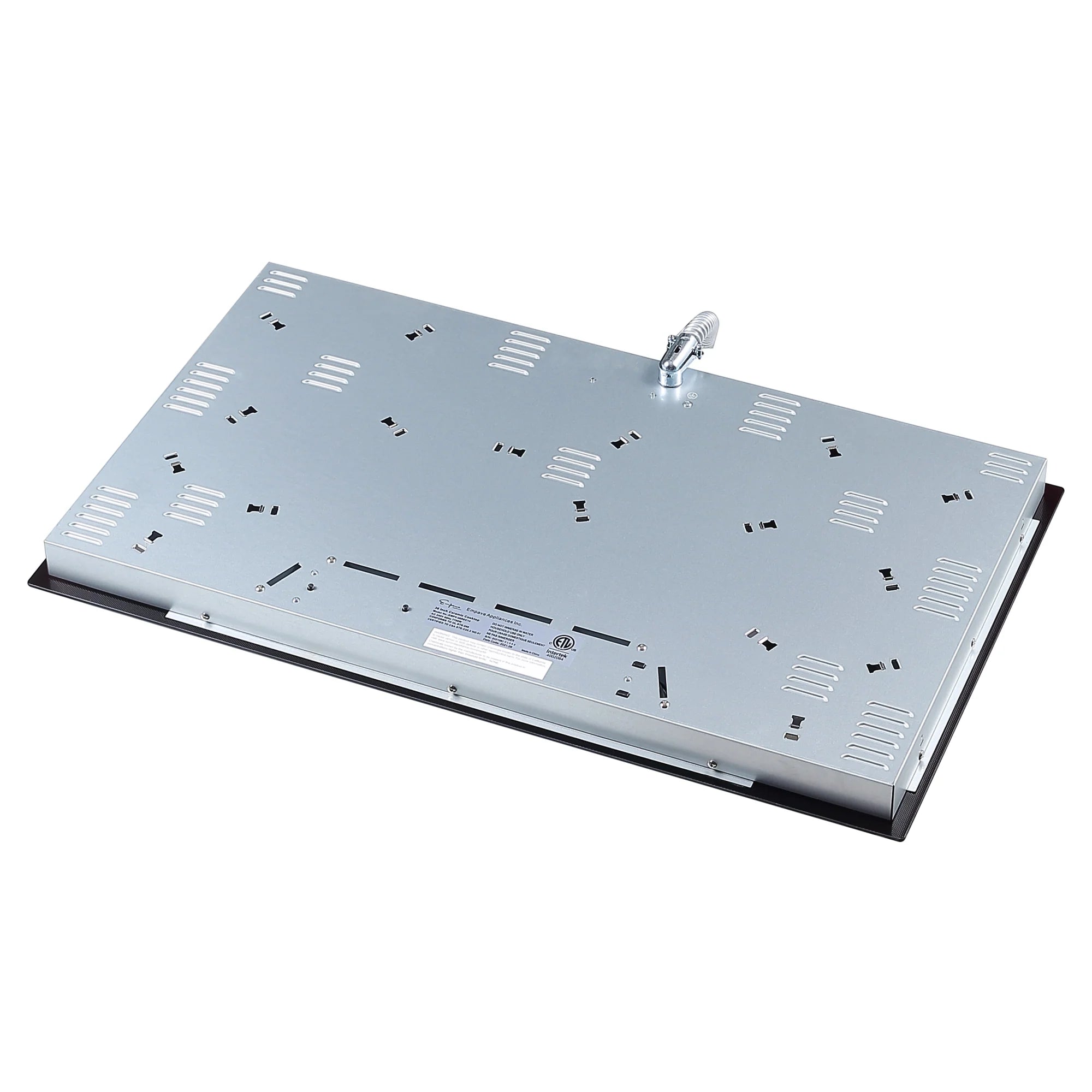 Radiant cooktop underside with mounting hardware and power cord