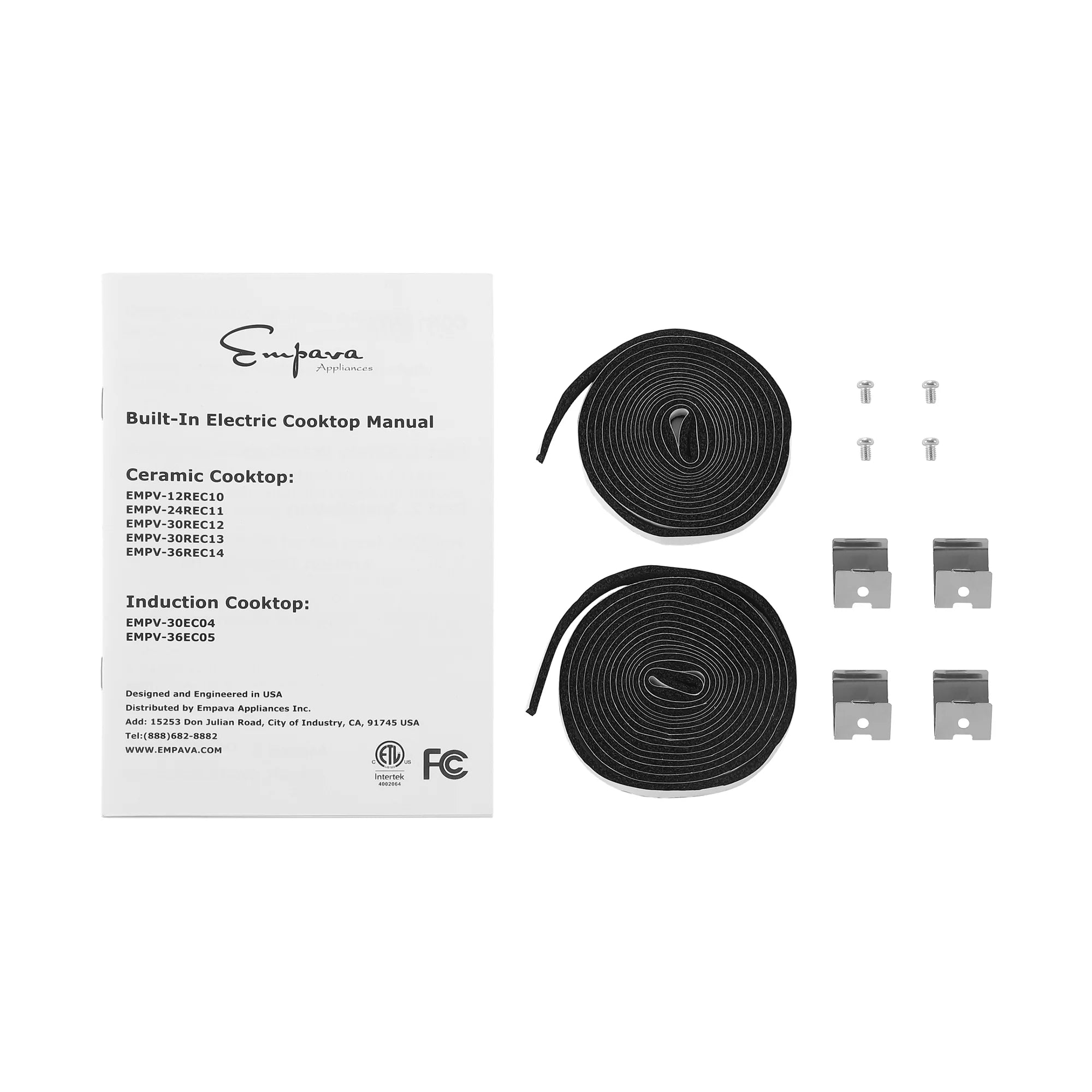 Cooktop kit with manual, two coil elements, and mounting brackets