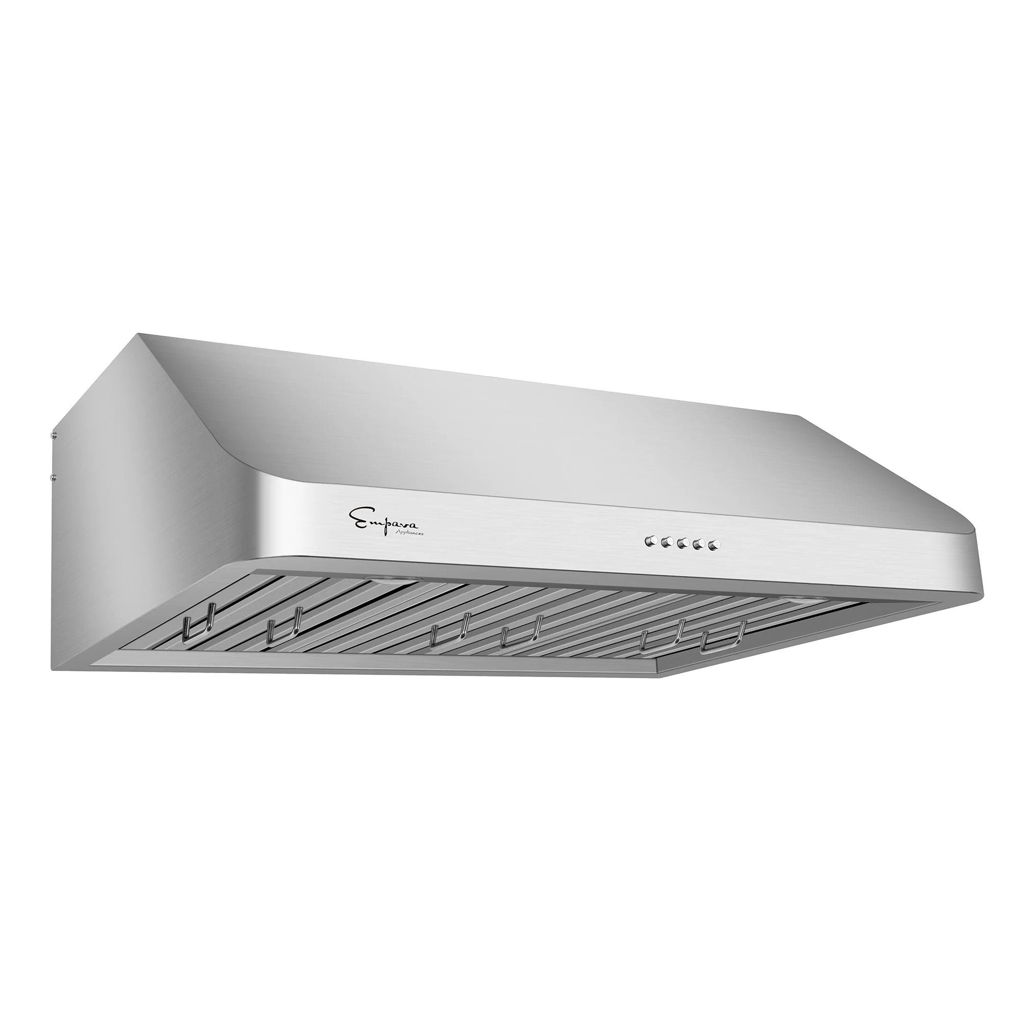 Stainless steel ducted under-cabinet range hood with front baffle filter and grille