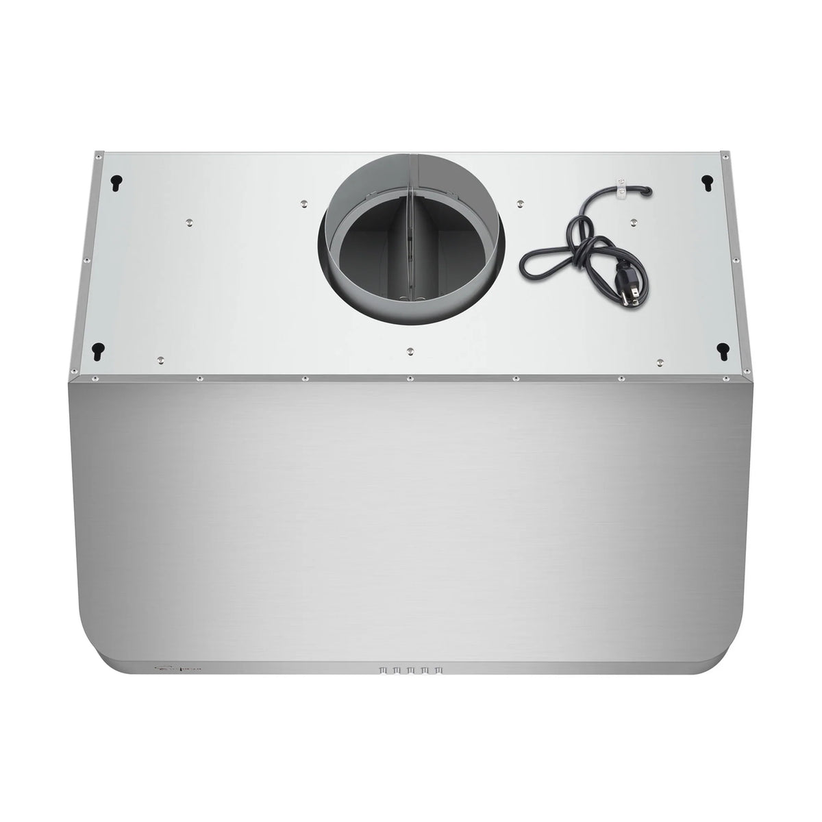Stainless steel range hood duct collar on the underside with electrical cord