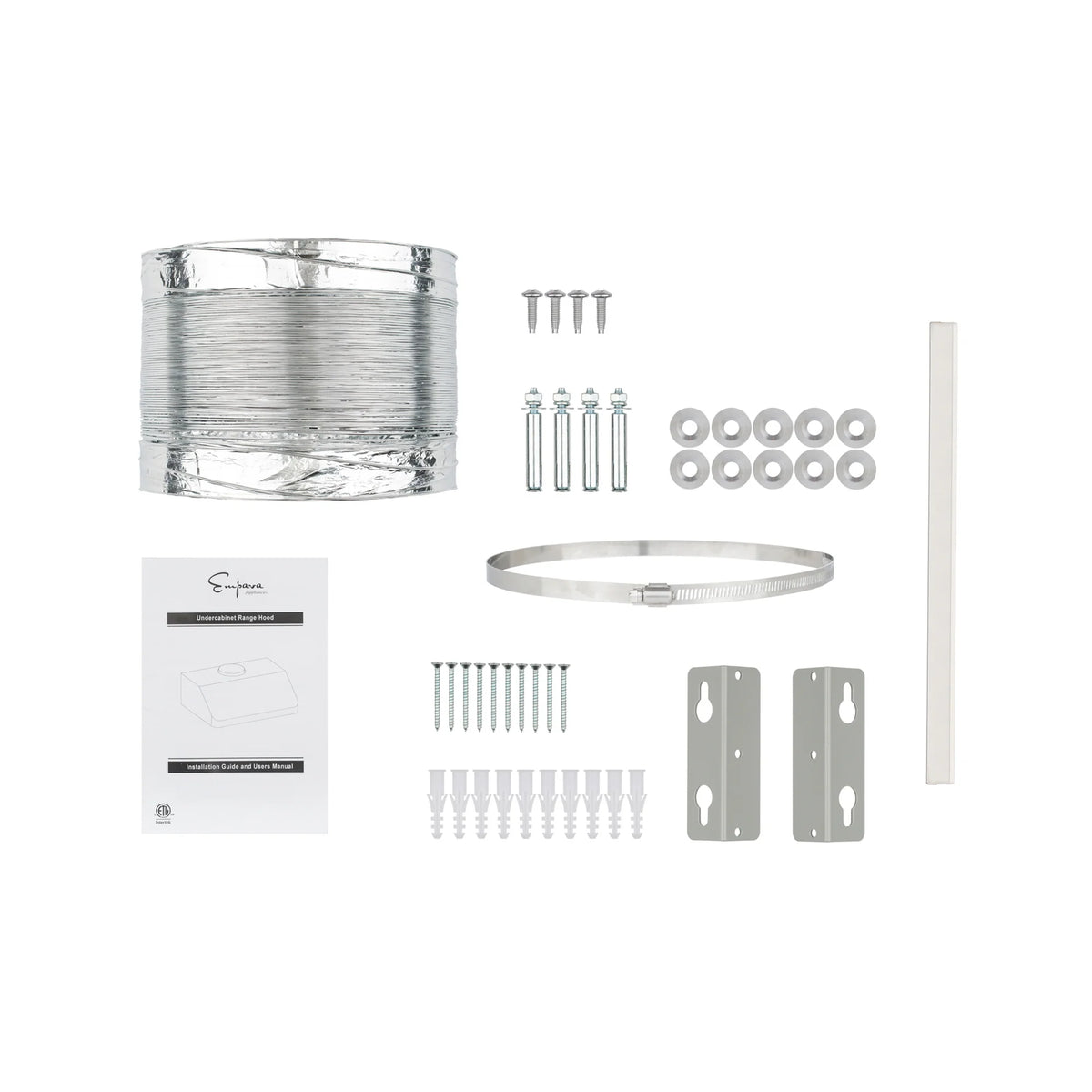 Range hood installation parts kit including duct collar, screws, brackets, and seals