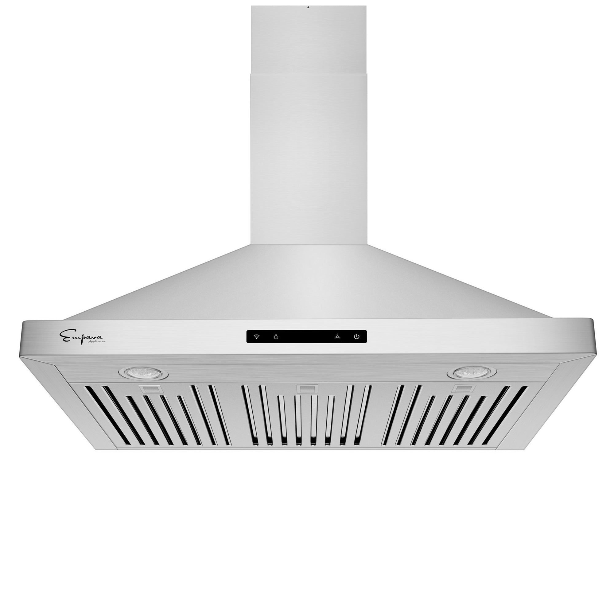 White ducted wall-mount range hood with vent grille and control panel