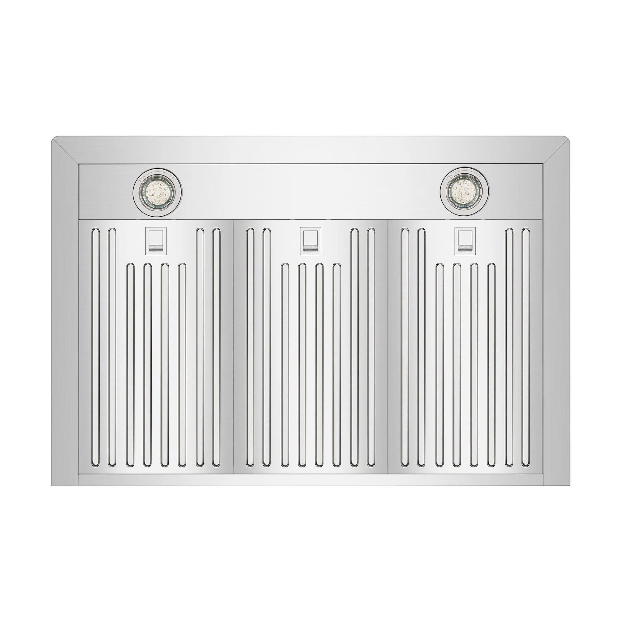 Range hood vent grille panel with two round lights and vertical slats