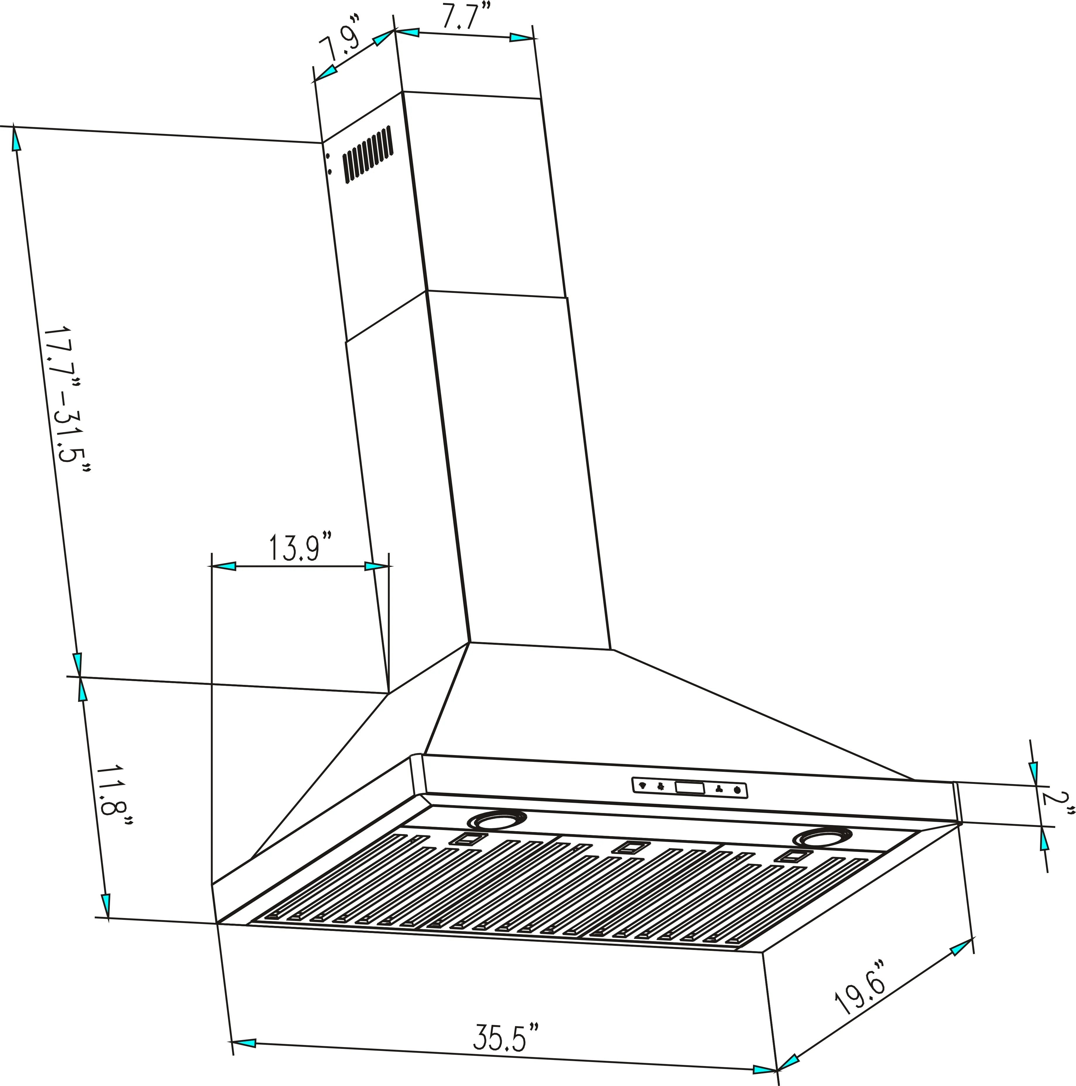 Stainless steel ducted wall-mount range hood, baffle filters, control buttons