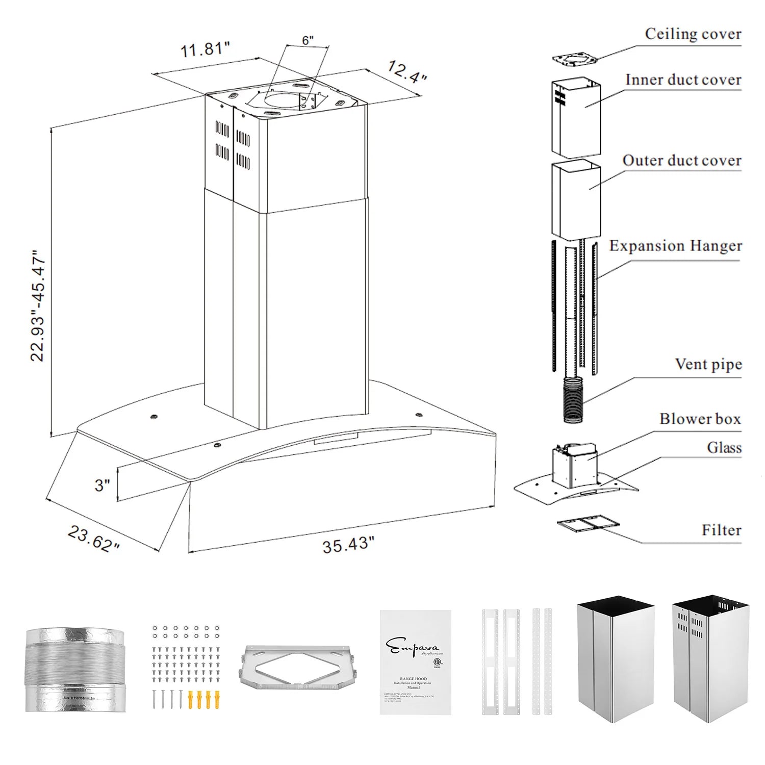 Ducted range hood diagram with dimensions, blower box, glass, and filter