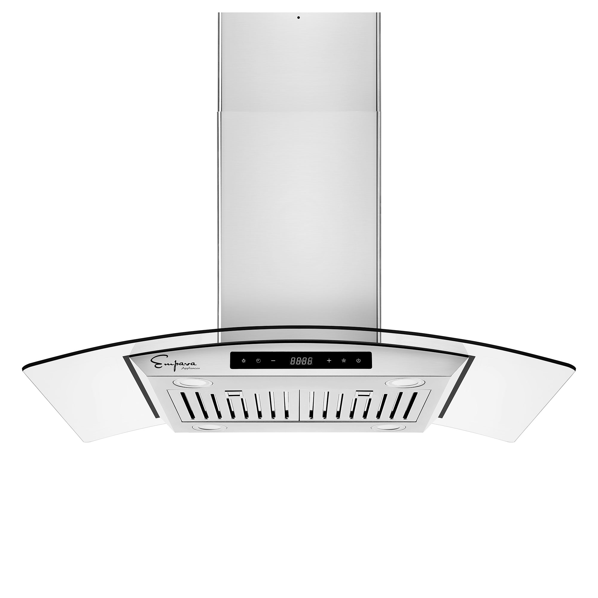 Empava stainless steel ducted island range hood with curved chimney and control panel