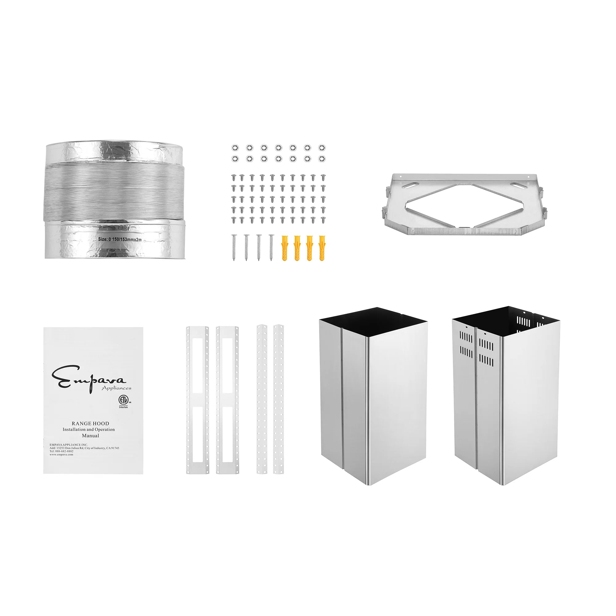 Empava ducted range hood accessory kit with ducts, brackets, and filter pieces