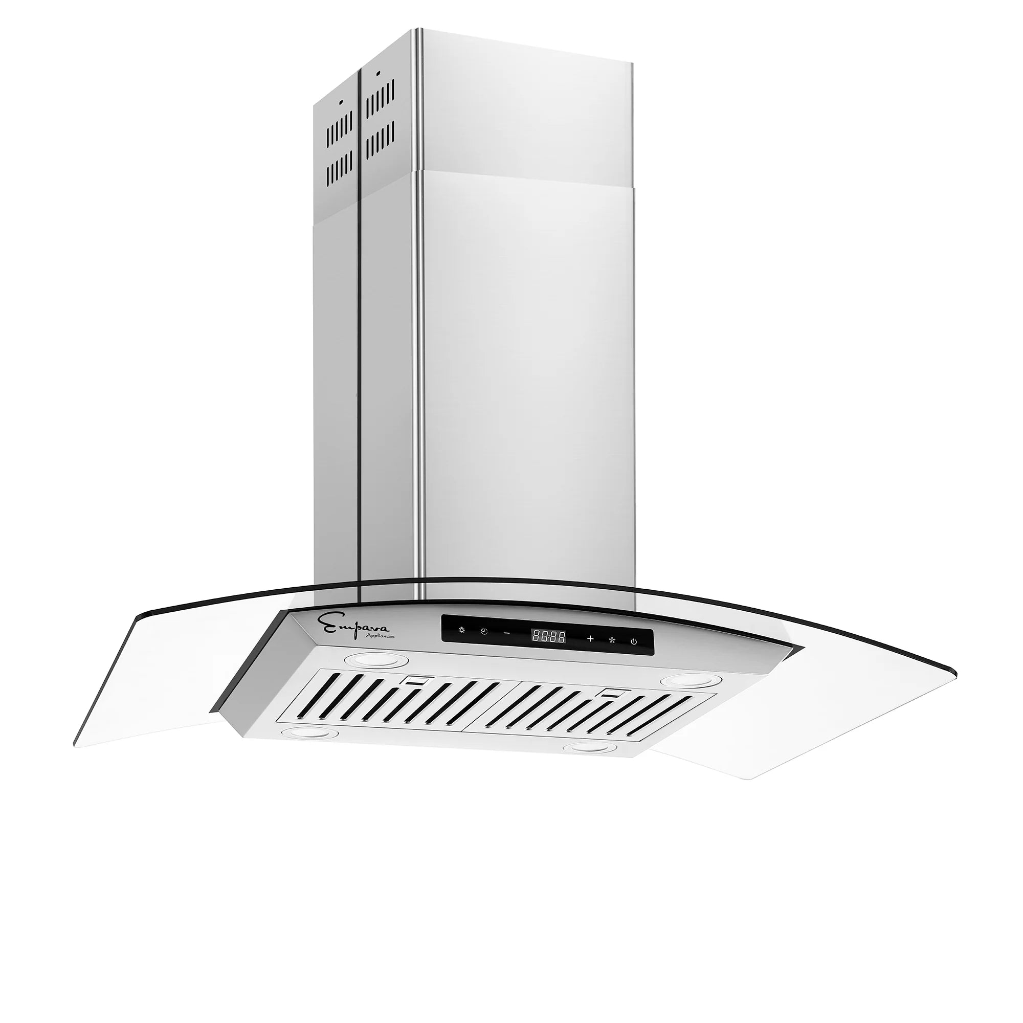 Stainless steel island range hood underside with vent grille and black glass control strip