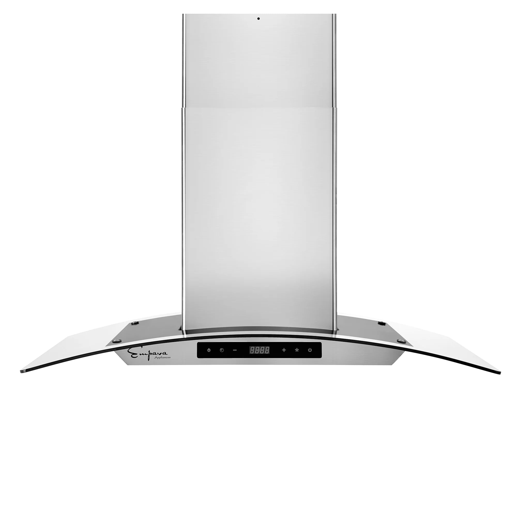 Stainless steel island range hood with slim chimney and front LED control display