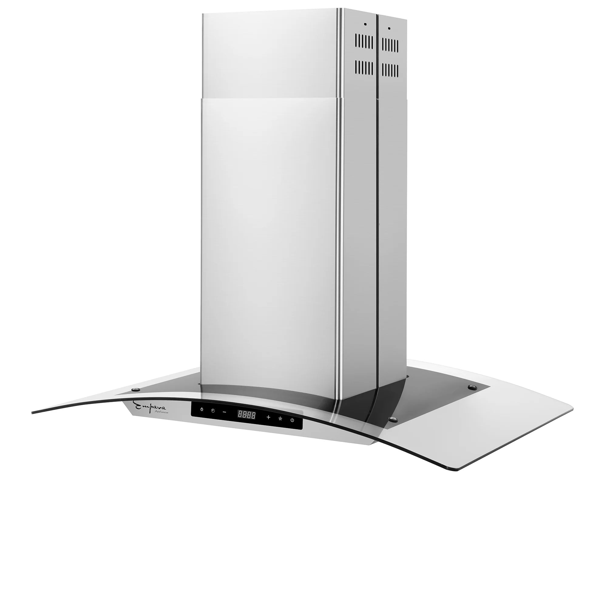 Stainless steel island range hood on a curved canopy with front touch control panel