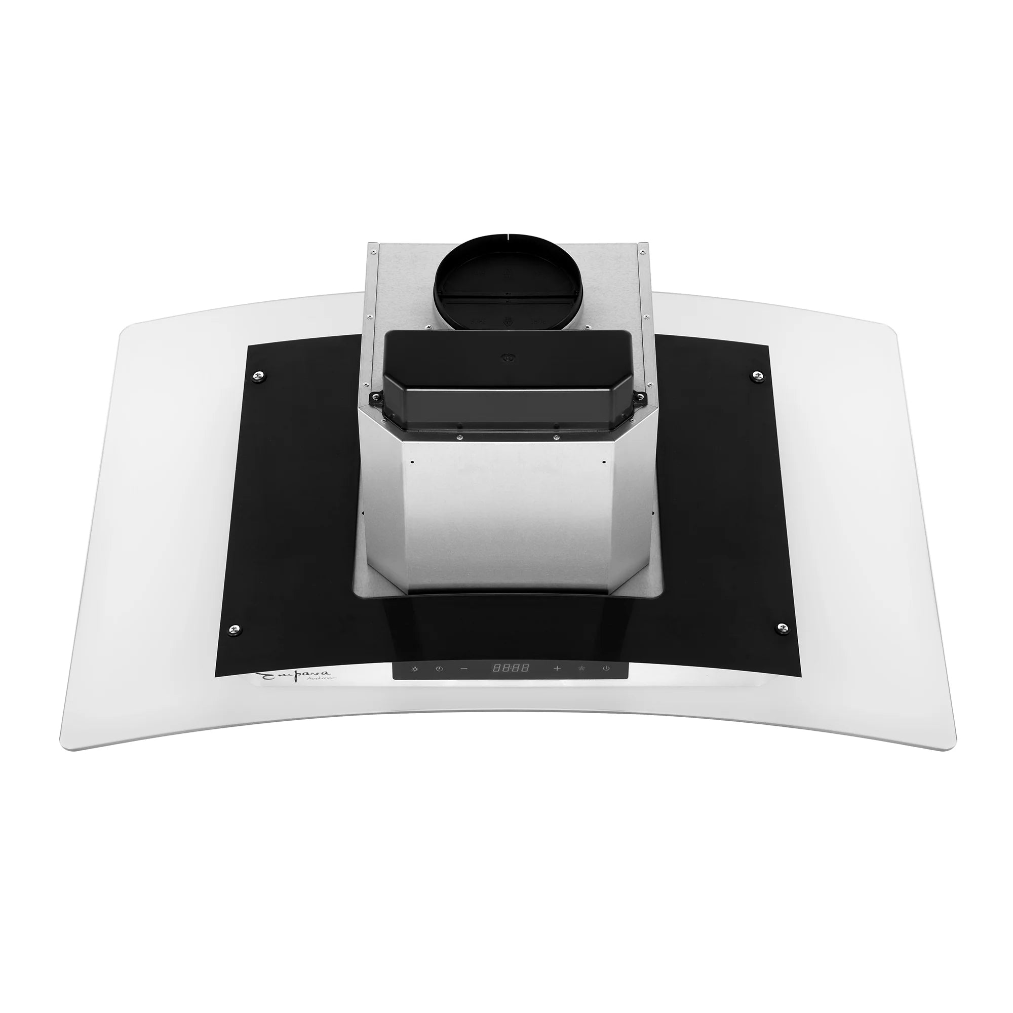 Island range hood underside with circular duct opening and black filter housing