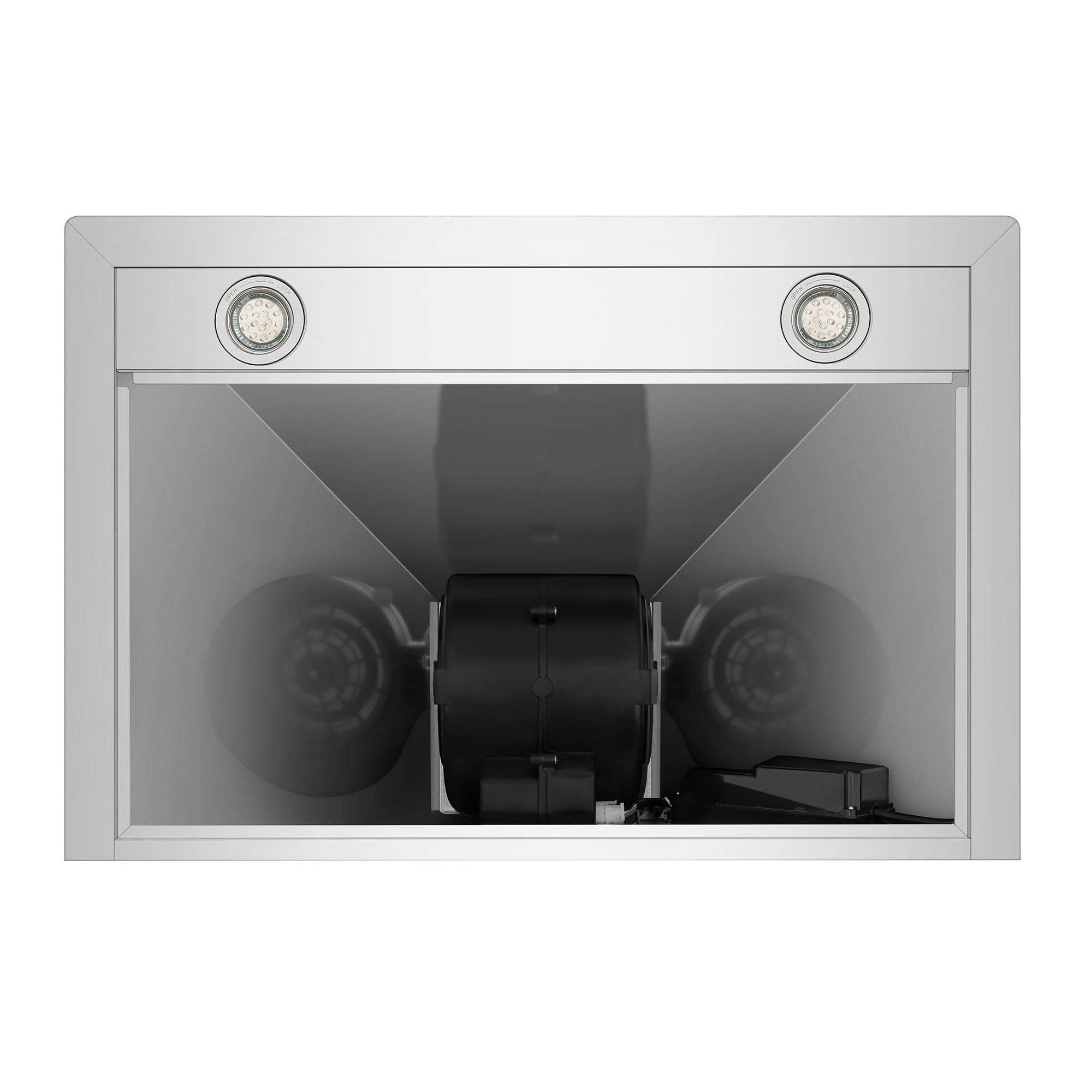 Range hood vent housing with two round blower inlets and central mounting area