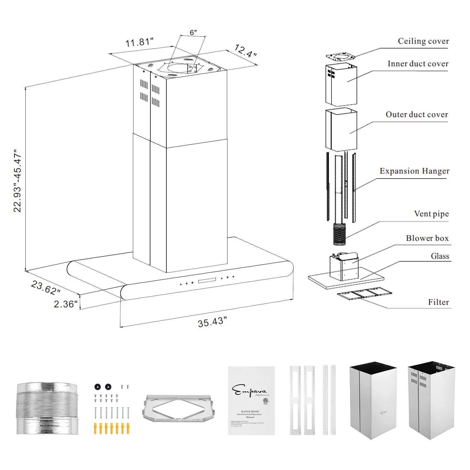 Range hood installation parts diagram with duct covers, hanger, and filter