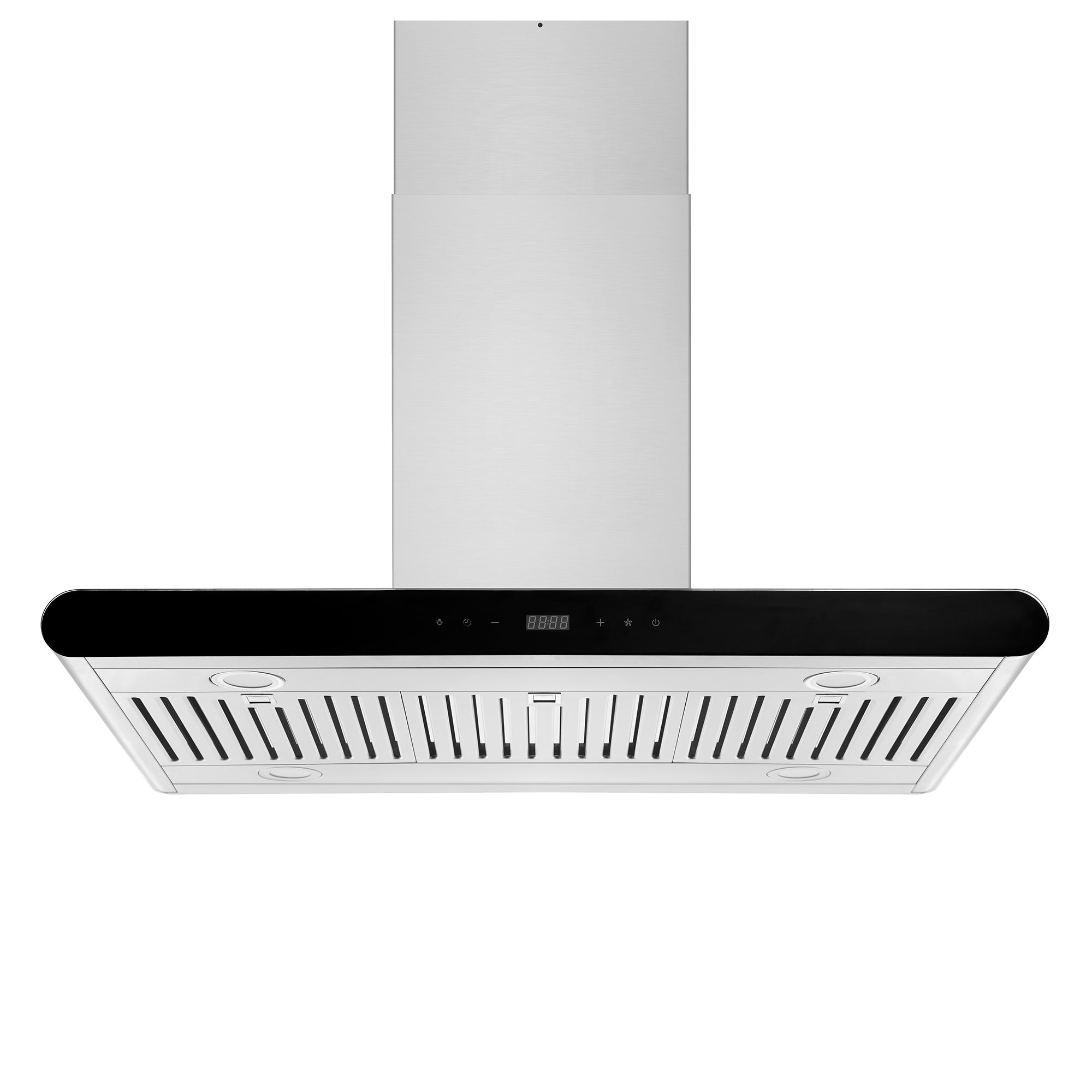 Island wall mount range hood with stainless vent panel and black glass canopy trim