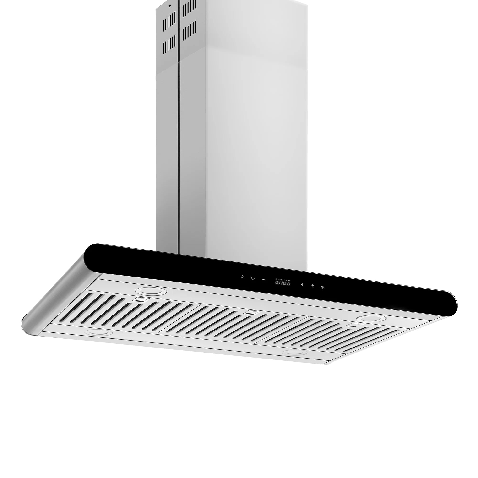 Island wall mount range hood with black canopy edge, stainless vent grille, and chimney