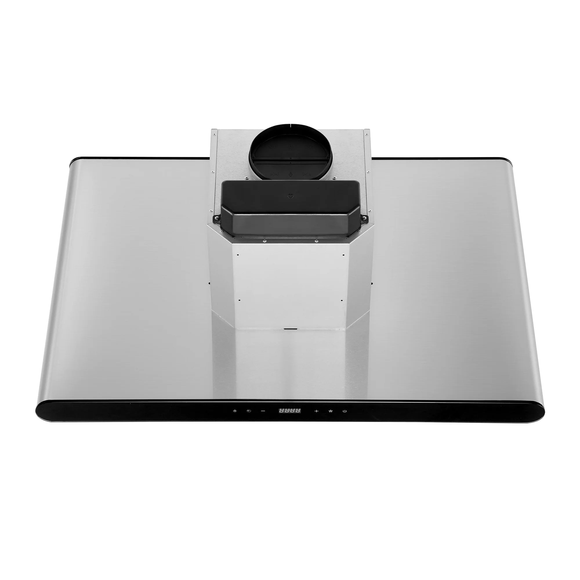 Island wall mount range hood top with circular vent opening and inner blower housing