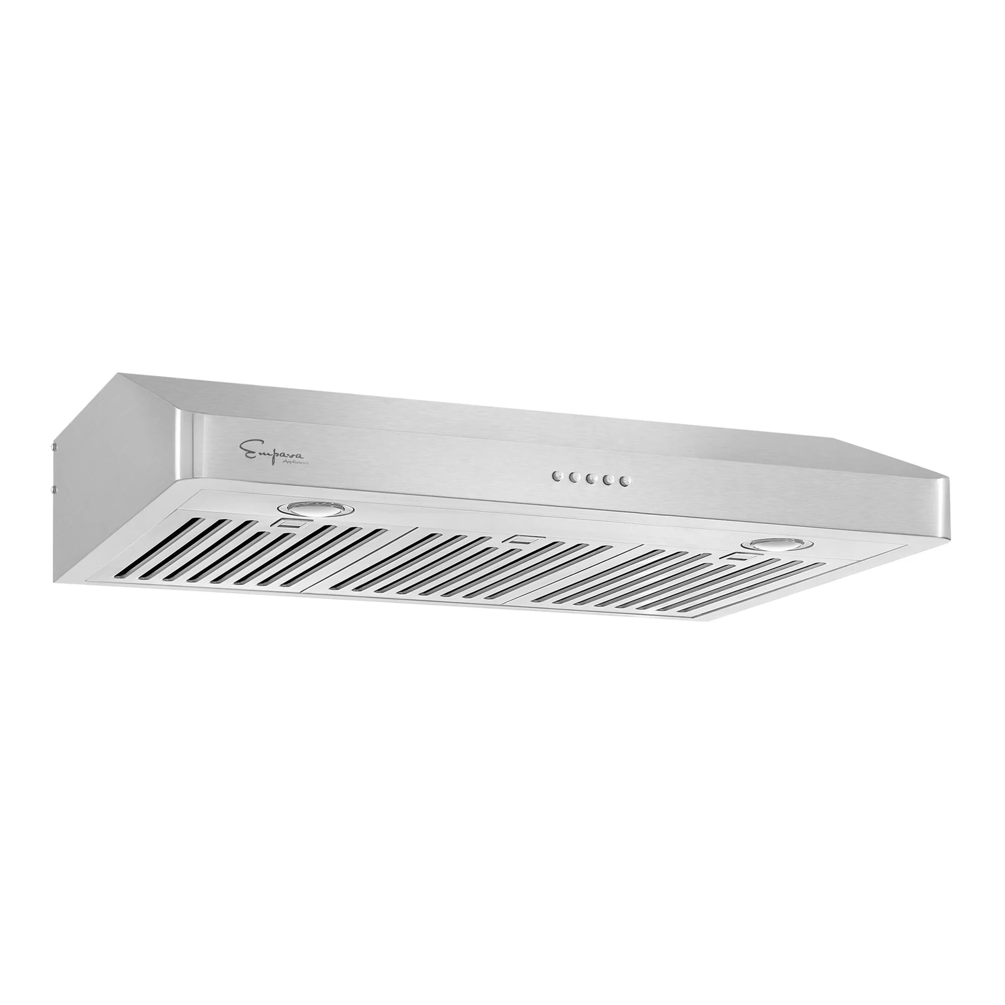 Stainless steel ducted under-cabinet range hood underside with vented grille