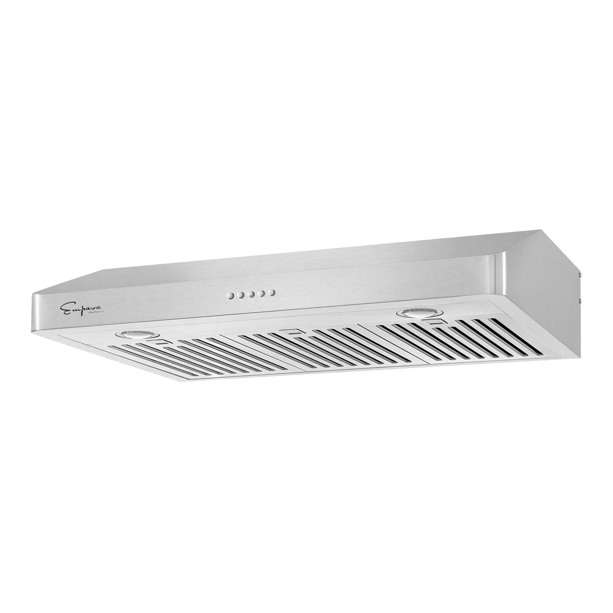 Stainless steel ducted under-cabinet range hood underside, vented grille and controls
