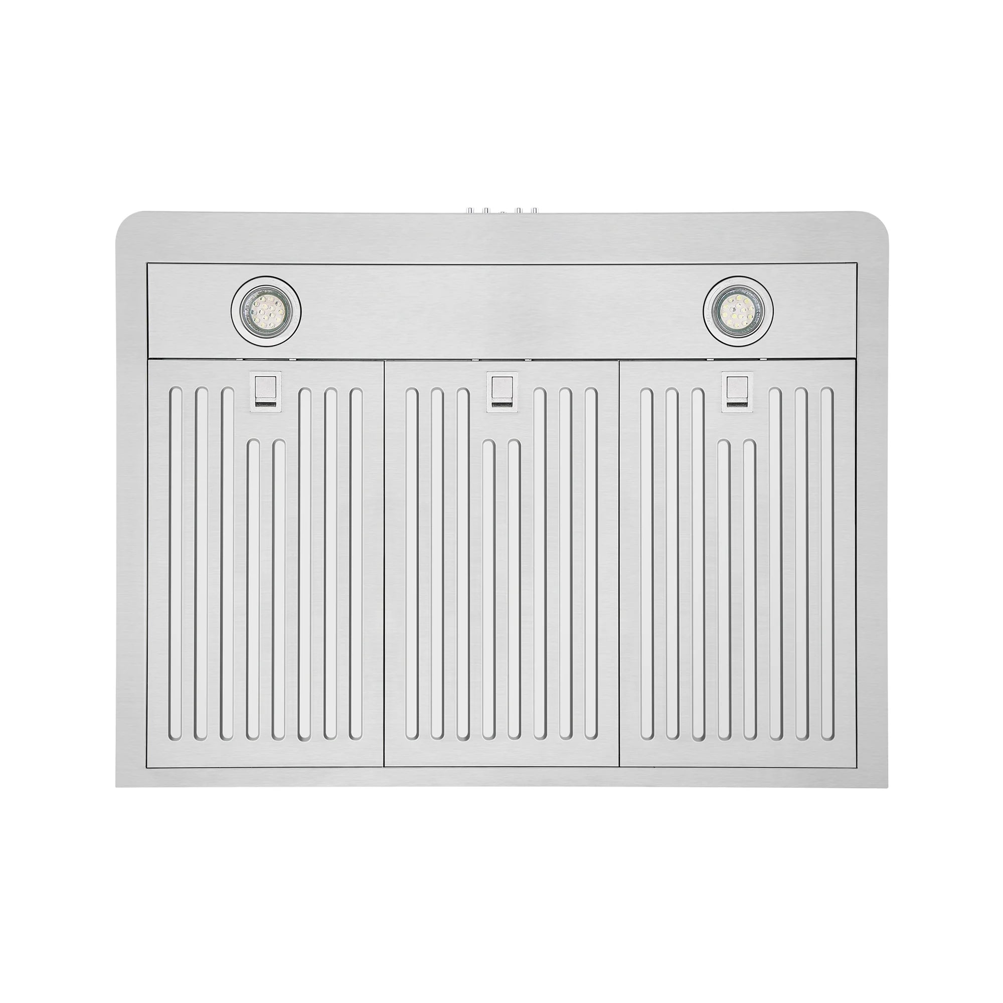 Front cover of a stainless steel under-cabinet range hood with two light openings