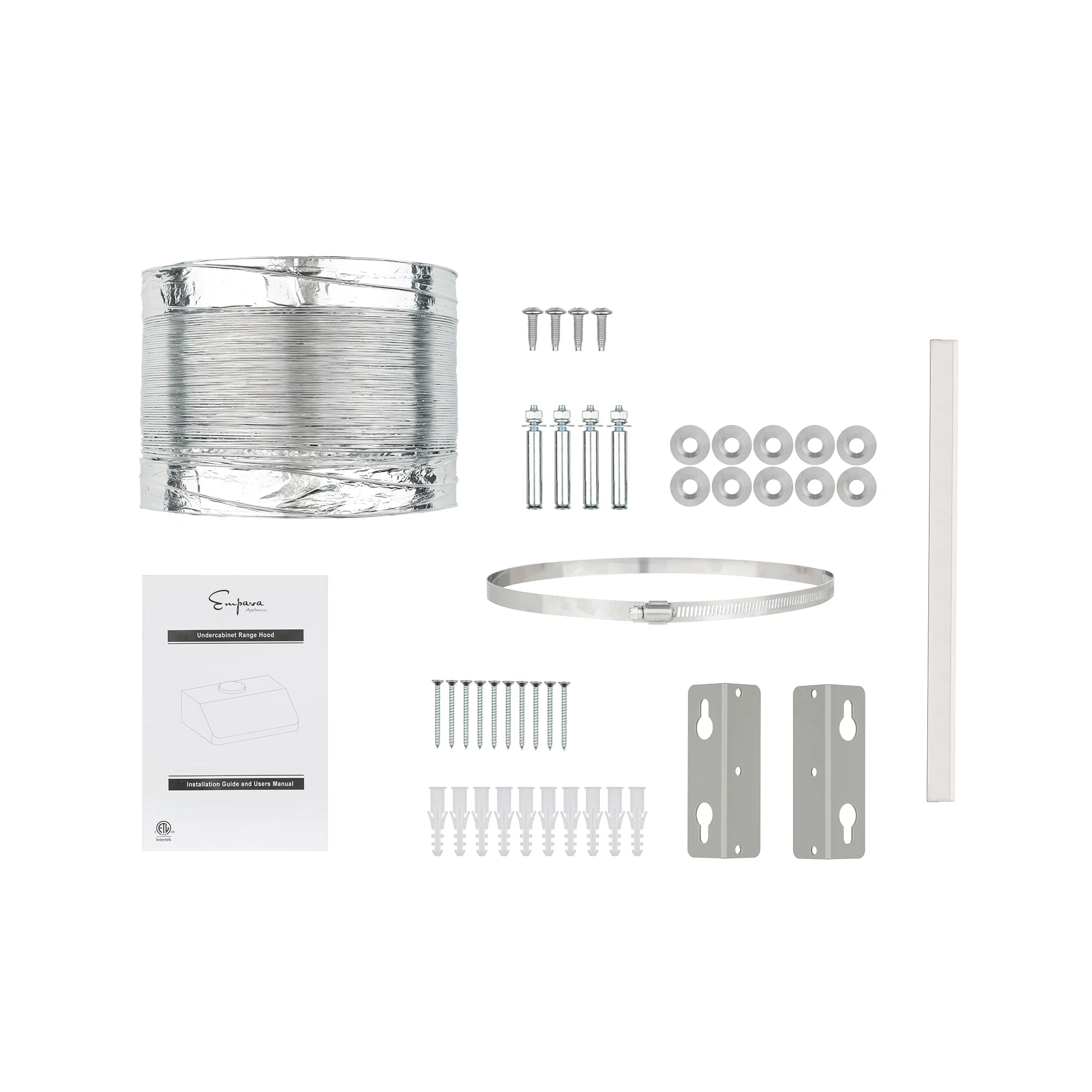 Range hood ducting and mounting parts kit with screws, brackets, and collar ring