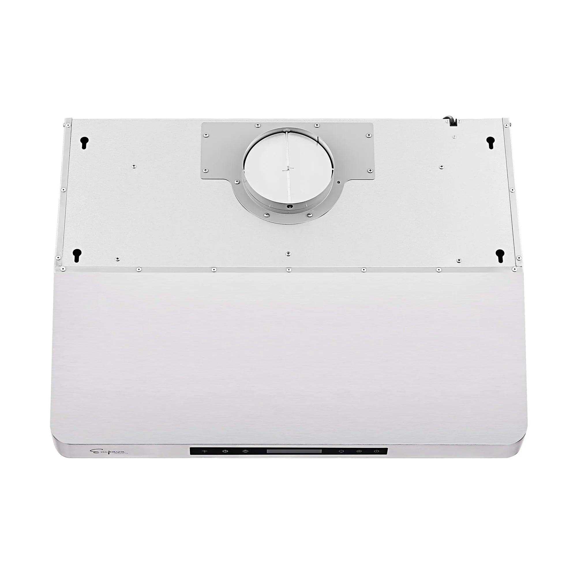 Stainless steel under-cabinet range hood housing with circular blower opening and mounts
