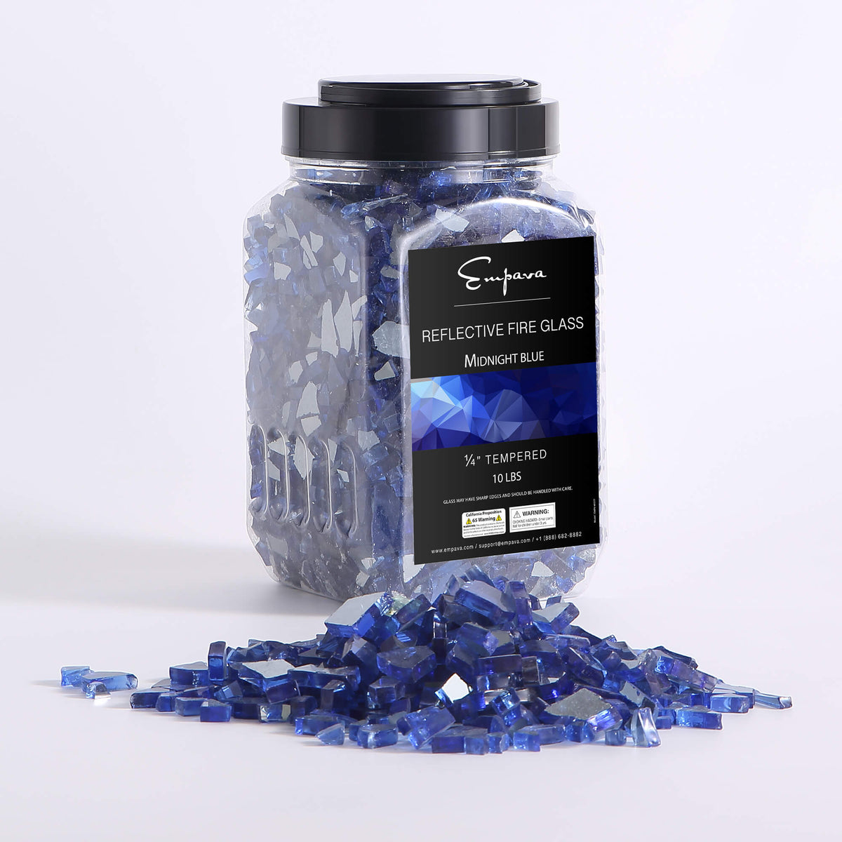 Empava tempered fire glass in midnight blue, jar with reflective glass pieces