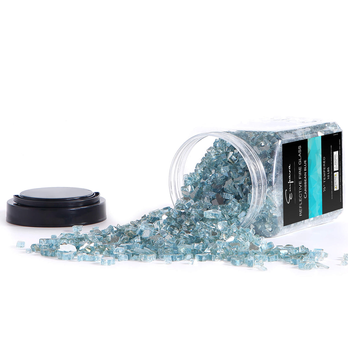Tempered fire glass, Caribbean blue glass granules spilling from a clear jar with black lid